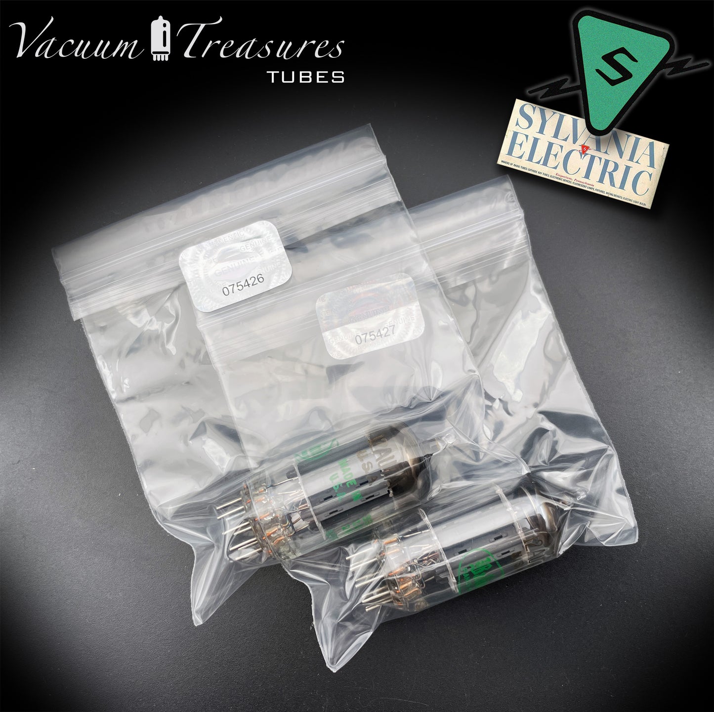 12AU7A / ECC82 NOS Baldwin by Sylvania Matched Pair Long Gray Plates Halo Getter Tubes USA '63