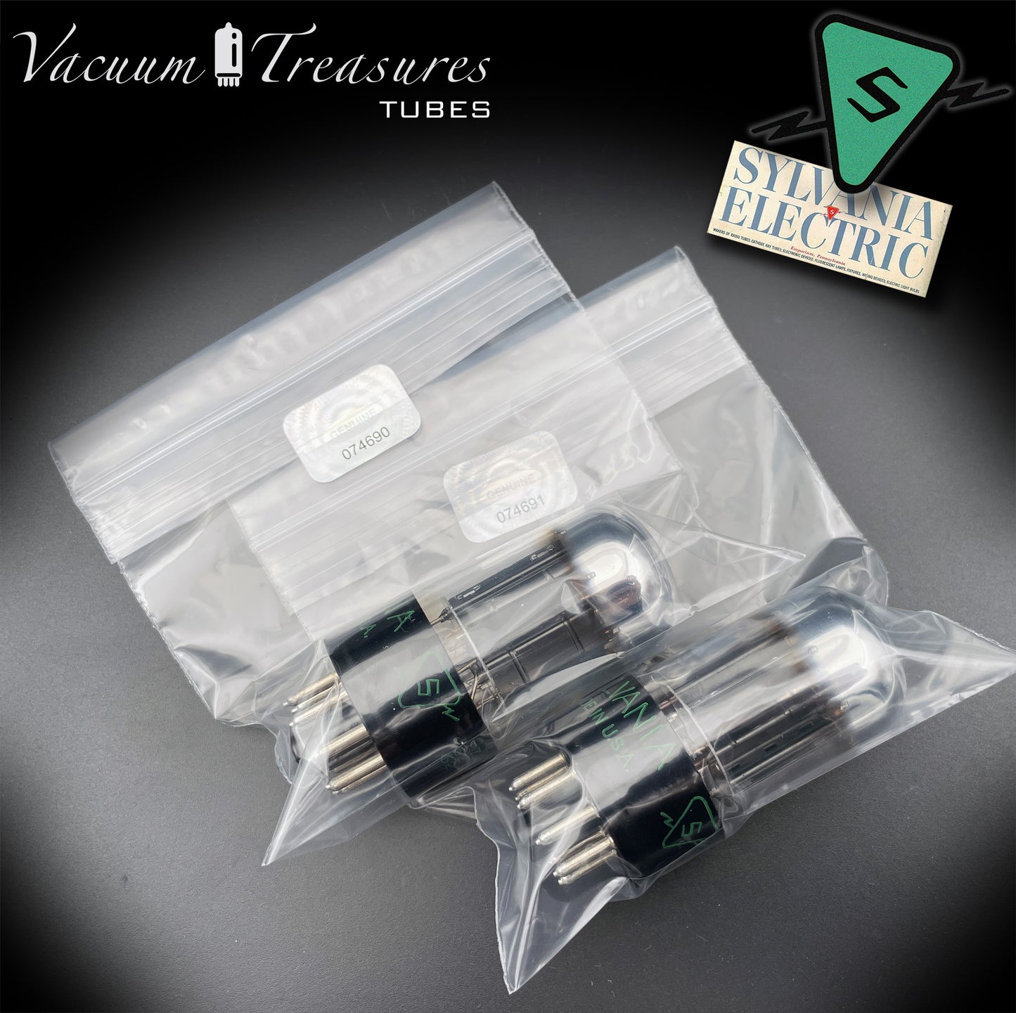 6SN7GTB NOS SYLVANIA CHROME TOP Green Dot Matched Pair Black Plates Tubes USA '50s