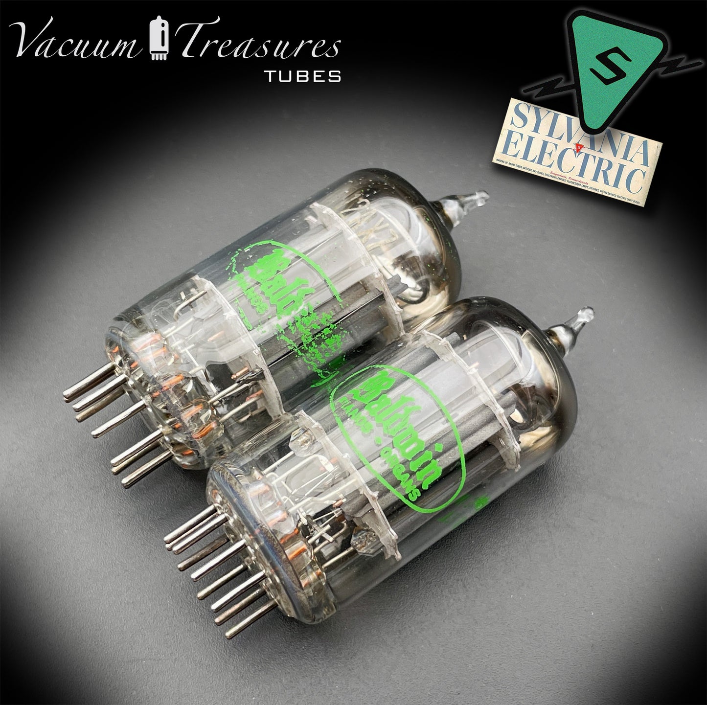 12AX7 ECC83 Baldwin by SYLVANIA – Matched Pair – Long Gray Plates Halo Getter USA 1959