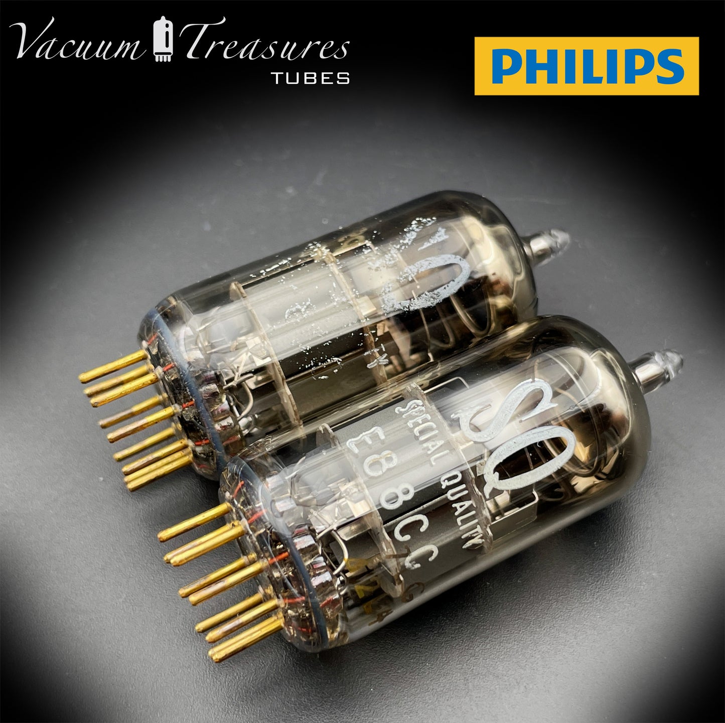E88CC ( 6922 ) PHILIPS Special Quality Matched Pair Halo Getter Gold Pin Tubes Made in Holland '60s