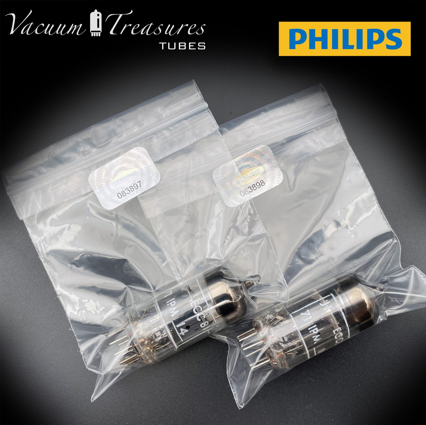 12AT7 ( ECC81 ) NOS NIB PHILIPS by Mullard, Blackburn Plant, Wing Gray Plates Halo Getter Matched Pair Tubes MADE IN GT. BRITAIN