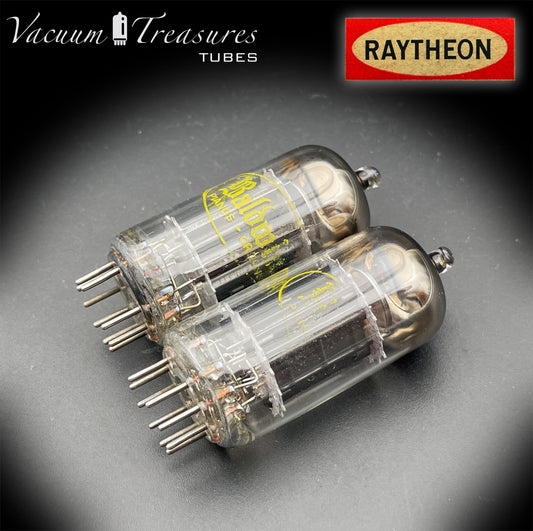 12AU7A / ECC82 Baldwin by RAYTHEON Matched Pair Tubes Long Black Plates Halo Getter Made in USA '60s