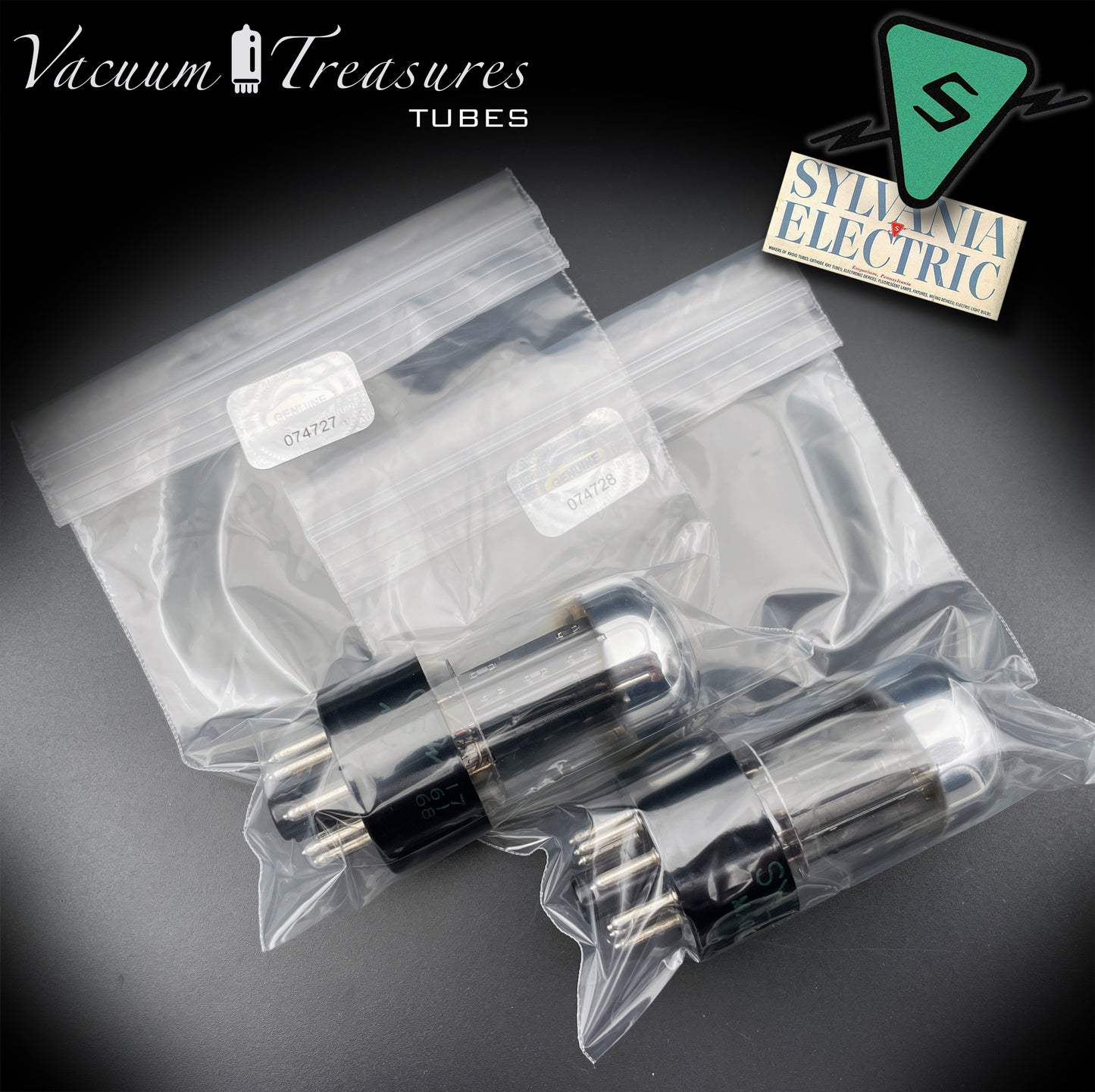 6SN7GTB NOS SYLVANIA CHROME TOP Green Dot Matched Pair Black Plates Tubes USA '50s