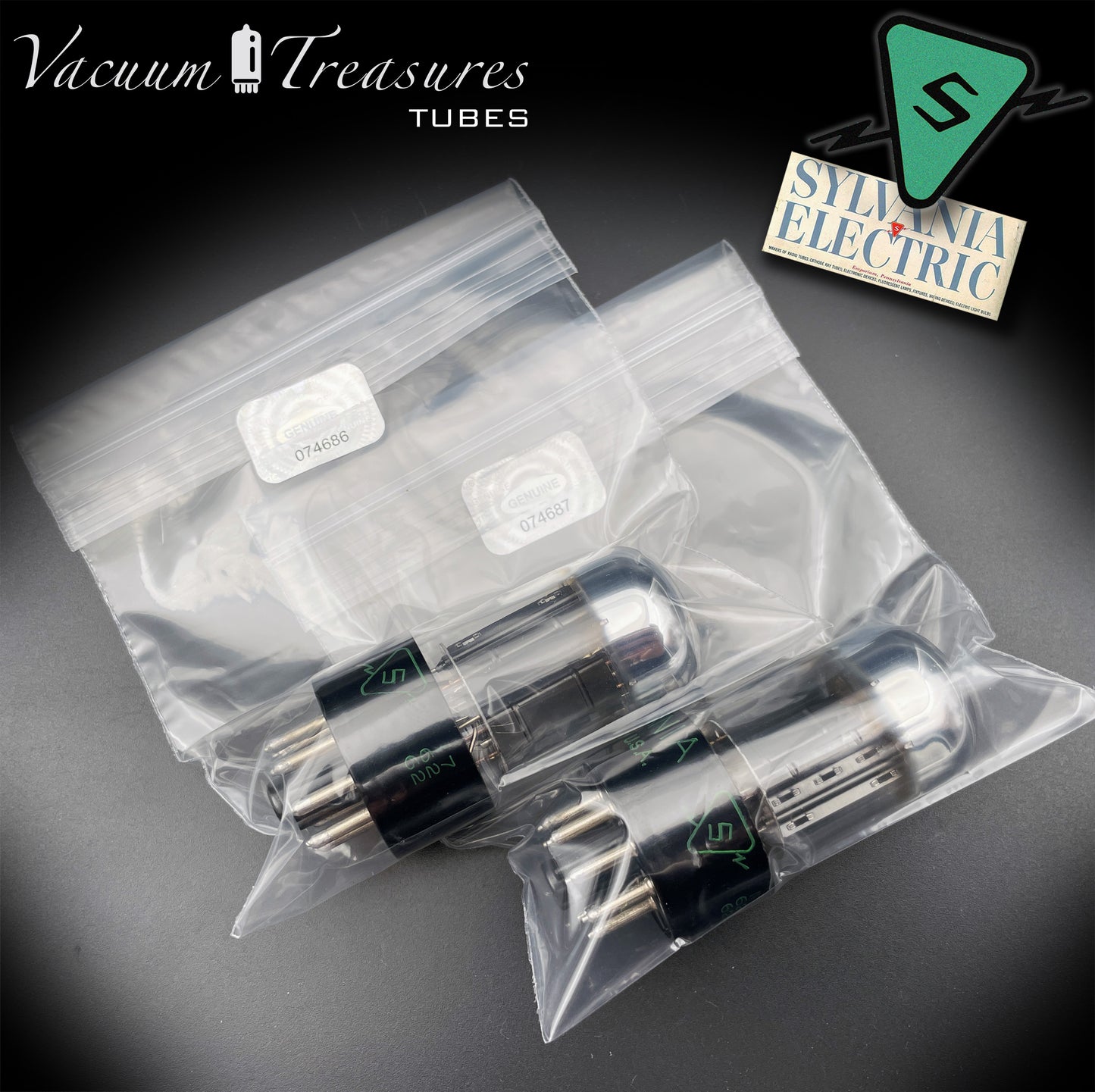 6SN7GTB NOS SYLVANIA CHROME TOP Green Dot Matched Pair Black Plates Tubes USA '50s