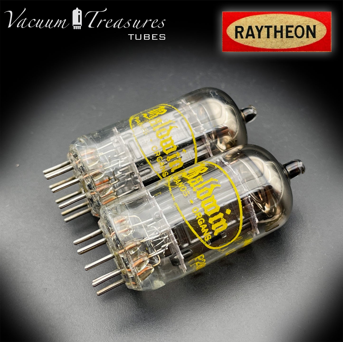 12AU7A / ECC82 NOS Baldwin by RAYTHEON Matched Pair Tubes Long Black Plates Halo Getter Made in USA '61