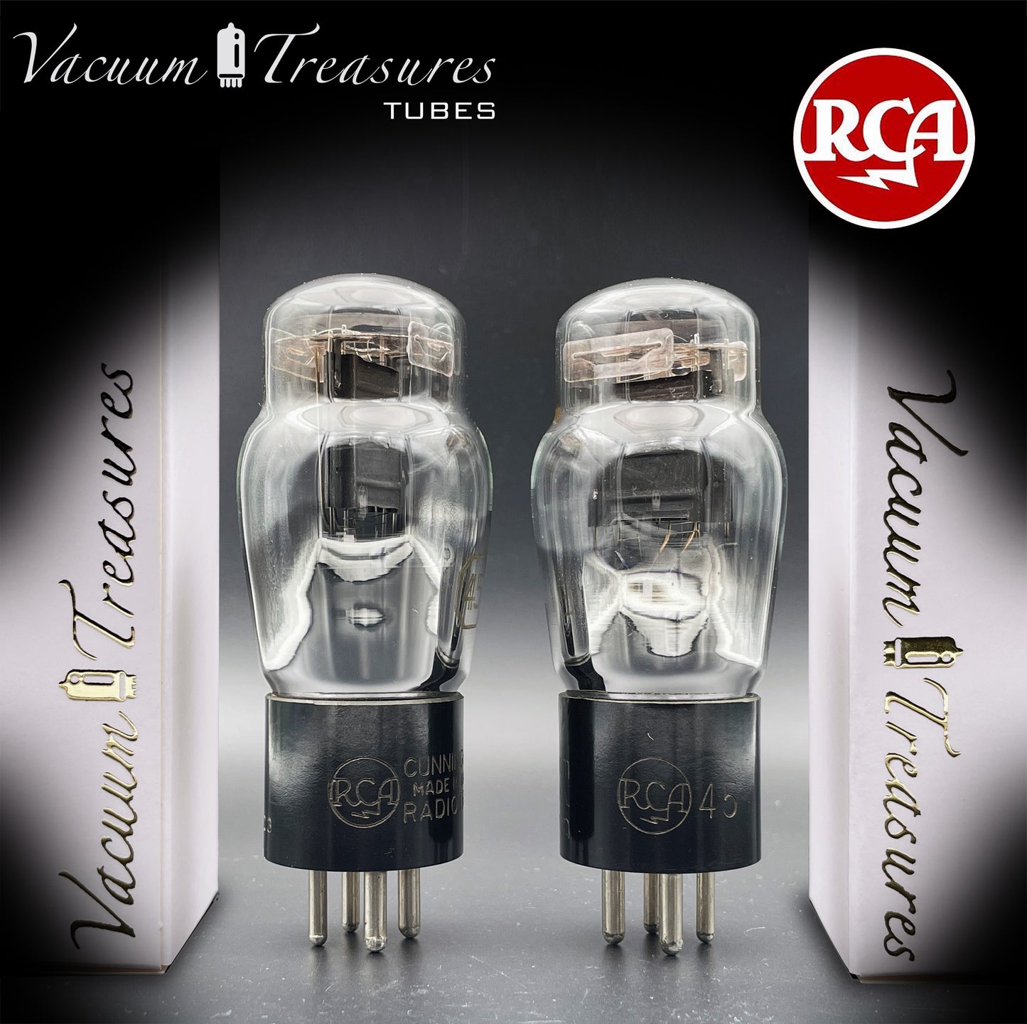 45 ST RCA Cunningham Matched Pair Black Plates Foil Dimpled Getter Radiotron Tubes Made in USA 1930's