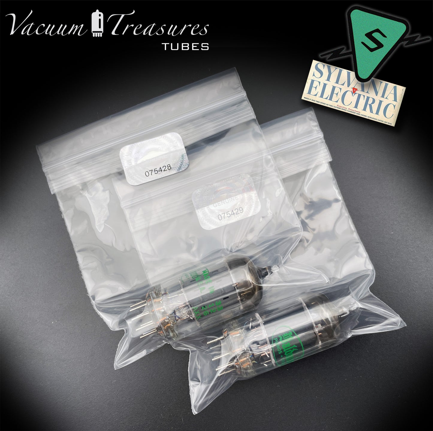 12AU7A / ECC82 NOS Baldwin by Sylvania Matched Pair Long Gray Plates Halo Getter Tubes USA '63