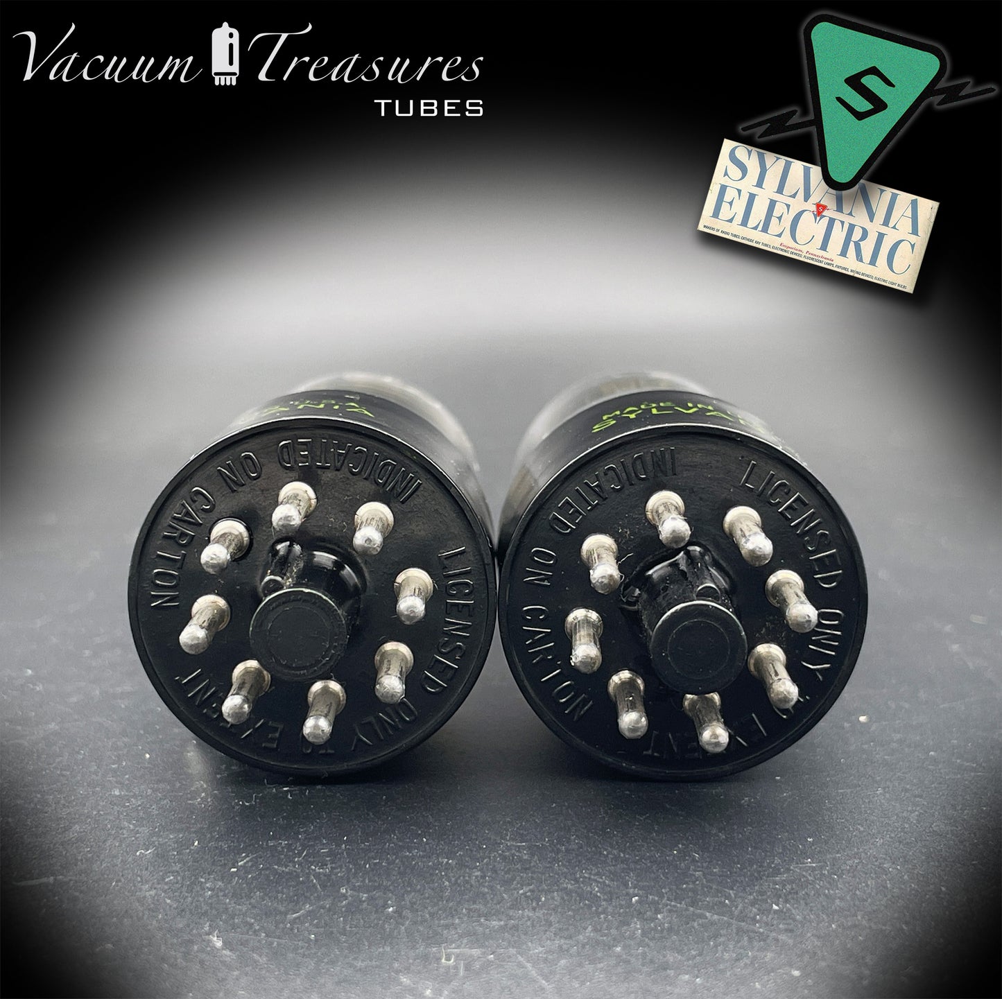 6SL7GT (VT-229) SYLVANIA NOS Black Round Plates Foil Getter AMPLITREX Matched Pair Made in USA '50s.