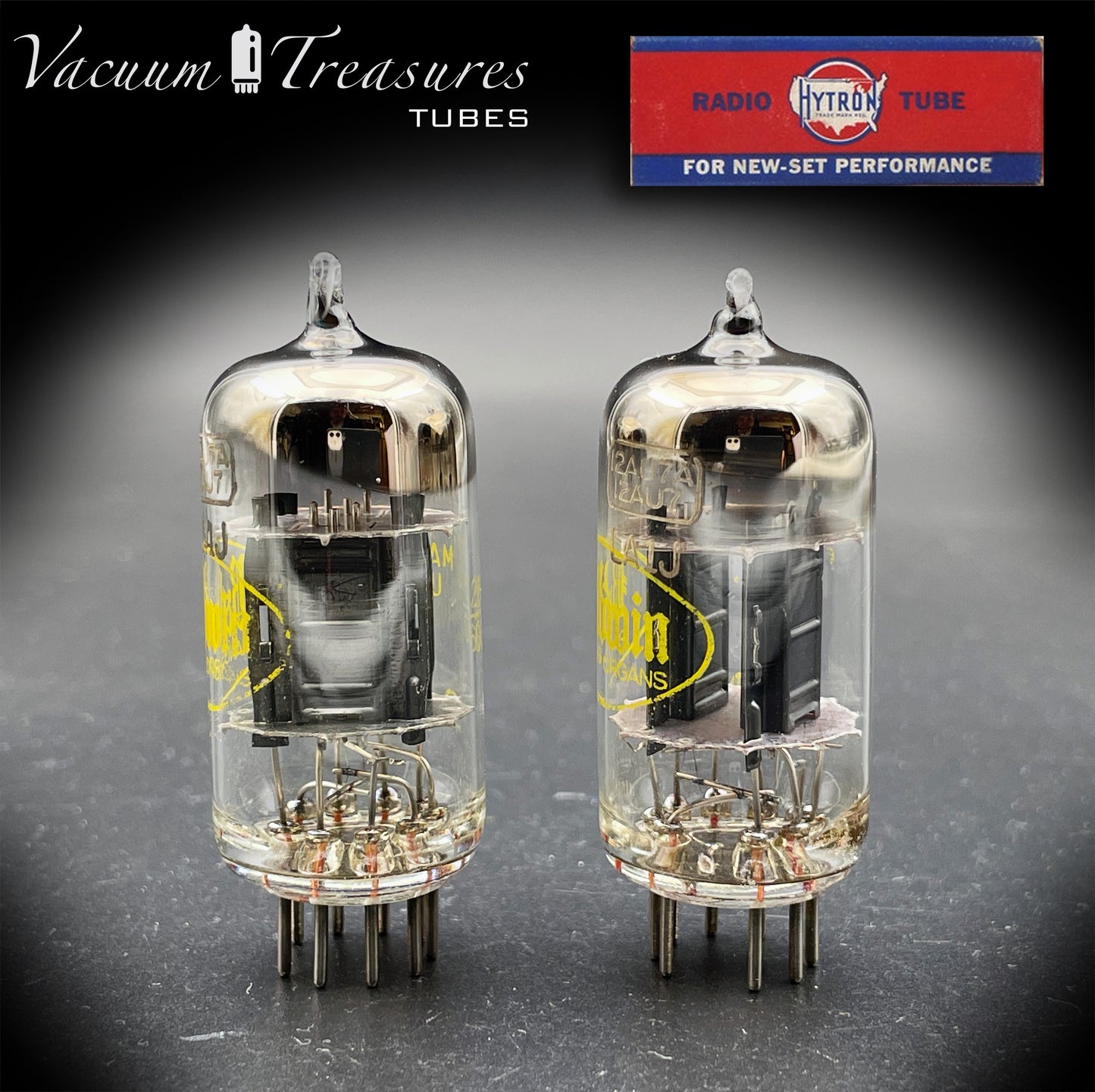 12AU7A ECC82 Baldwin / HYTRON Matched Pair Black Plates Halo Getter Tested Tubes USA