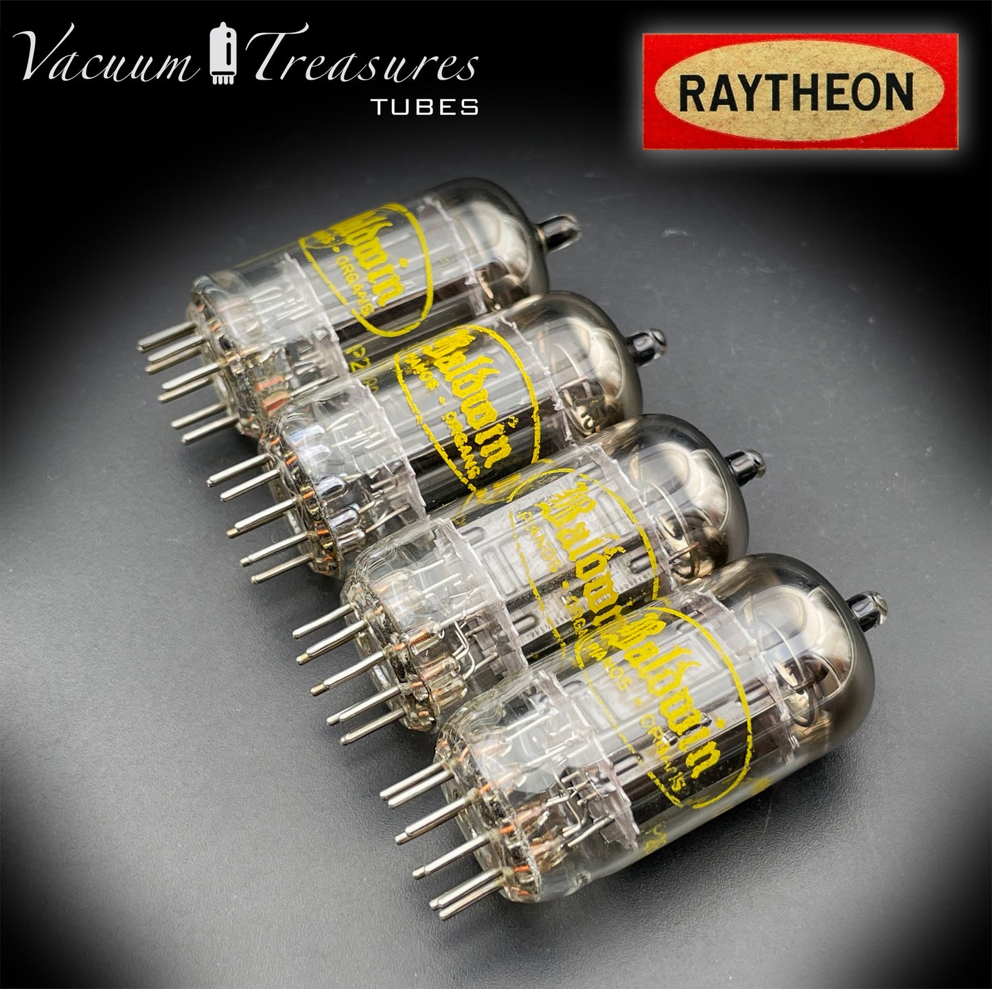12AU7A / ECC82 NOS Baldwin by RAYTHEON Matched Quad Tubes Long Black Plates Halo Getter Made in USA '61