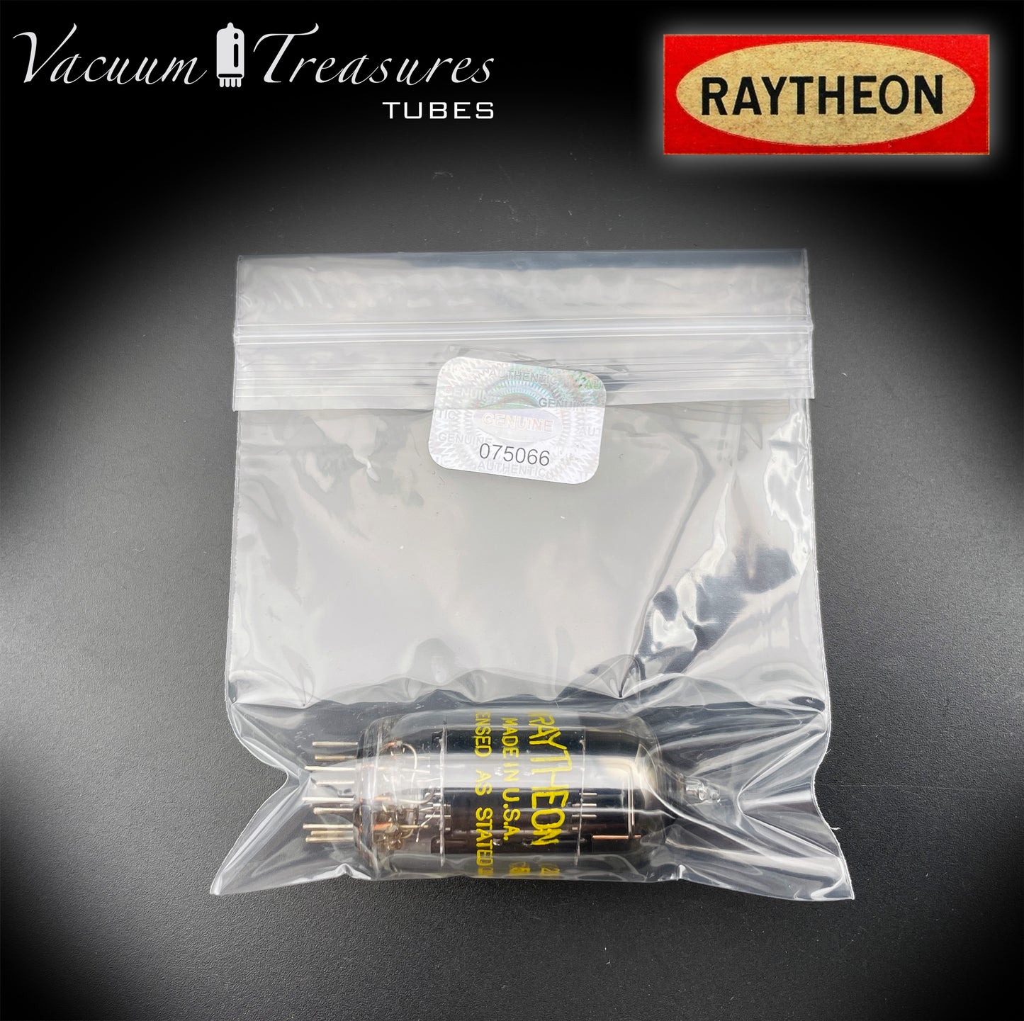 12AU7 ECC82 RAYTHEON Long Black Plates Square Getter Tested Tube Made in USA '58