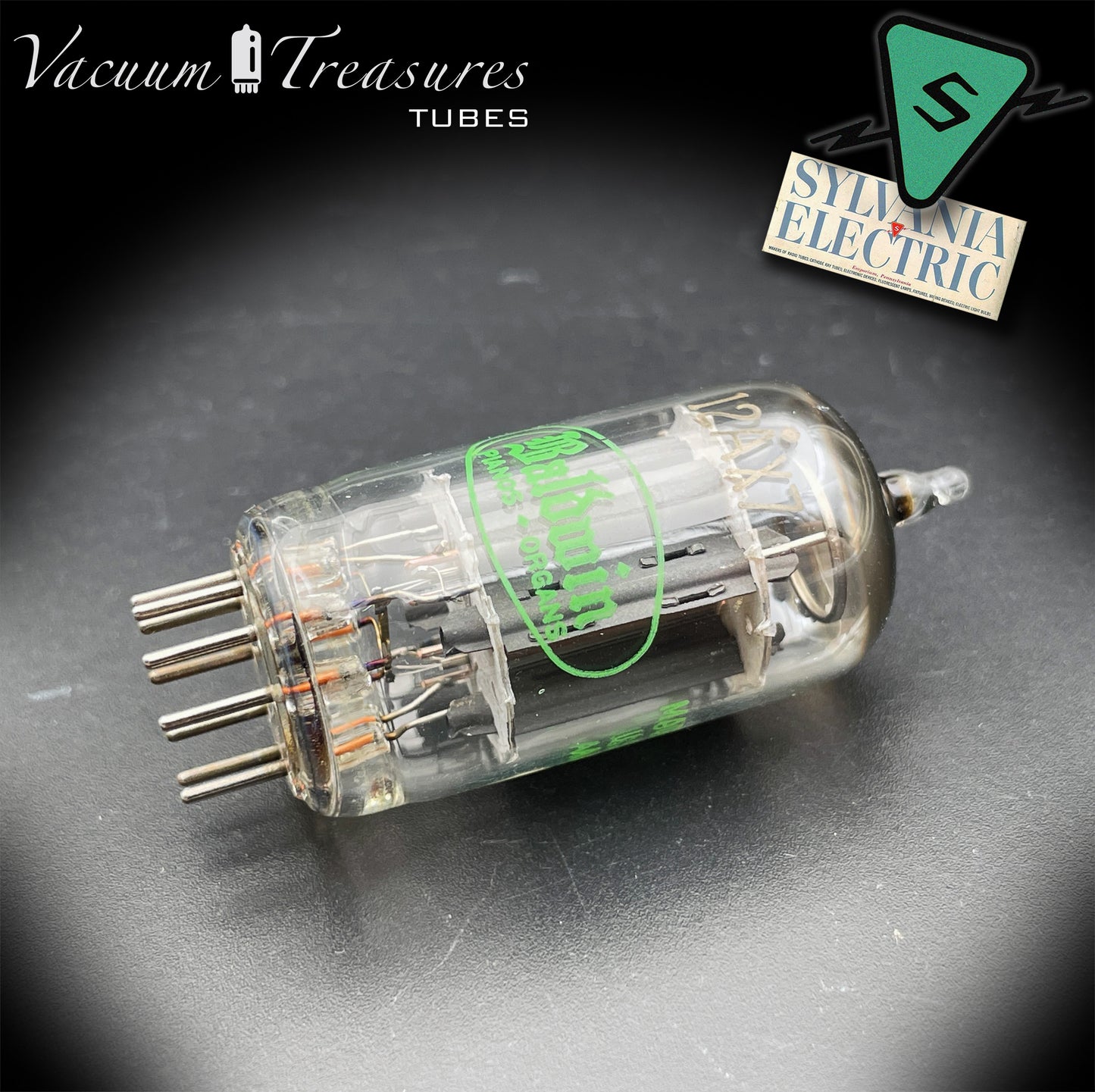 12AX7 / ECC83 NOS Baldwin by SYLVANIA Long Gray Plates Halo Getter Tested Tube Made in USA '61