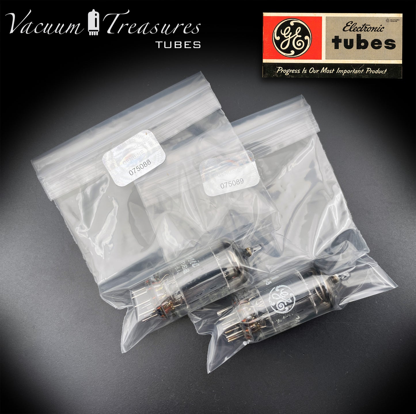 5963 / 12AU7 / ECC82 GE NOS Matched Pair - Long Gray Plates - AMPLITREX Tested - Made in USA