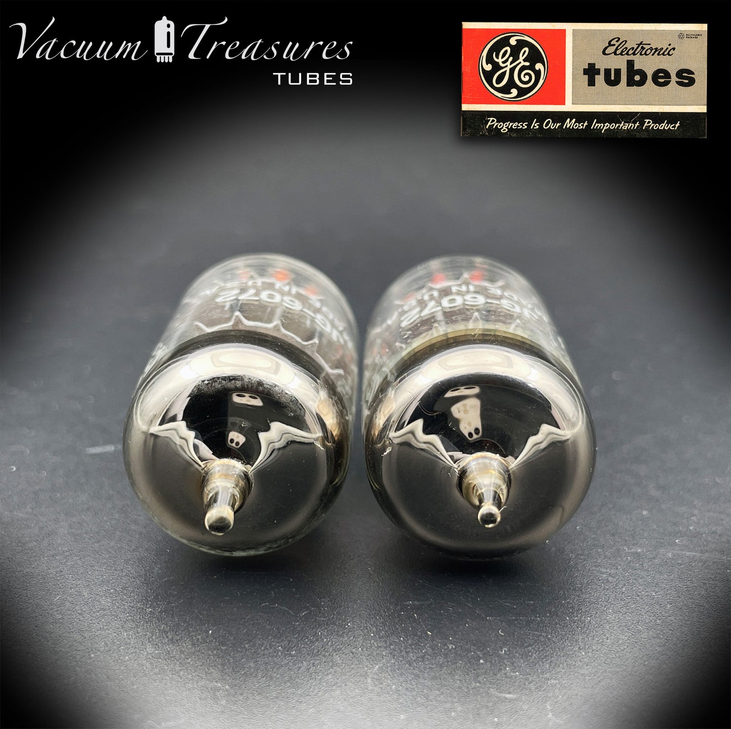 6072 / 12AY7 NOS GE JG Matched Pair Black Plates Triple Mica Halo Getter USA ’60s - AMPLITREX Tested