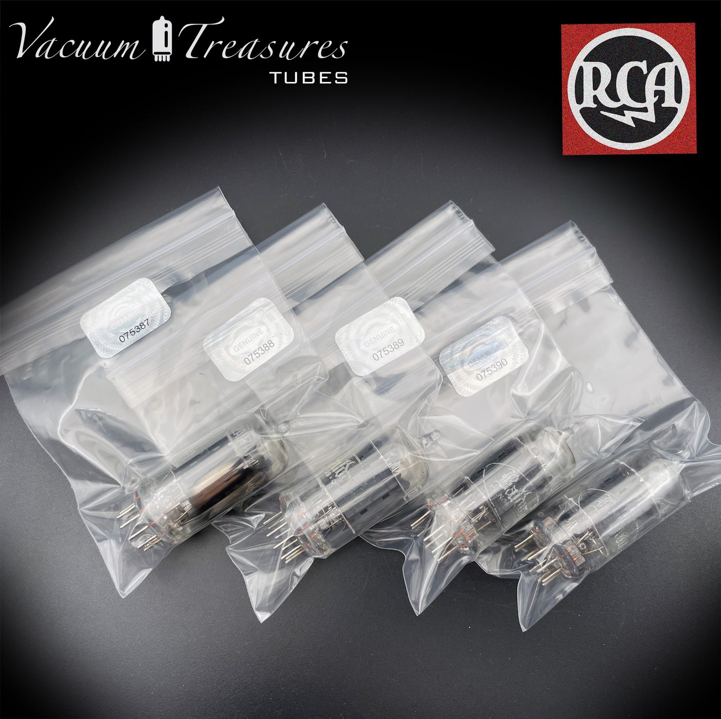 12AU7 / ECC82 Baldwin by RCA AMPLITREX Matched Quad Clear Top Long Gray Plates Side D Getter Tubes