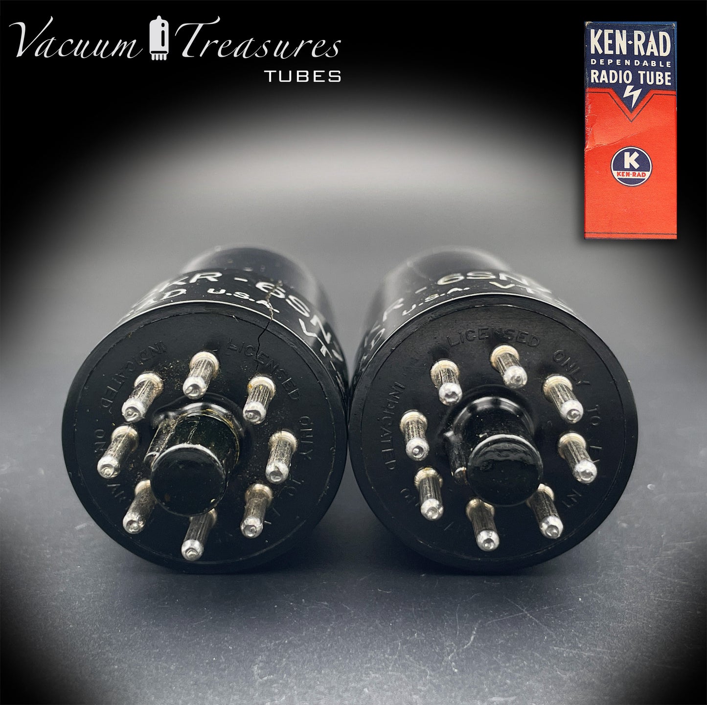 6SN7GT VT-231 KEN-RAD Black Plates Black Glass Foil Getter – Matched Pair – Made in USA anni ’40