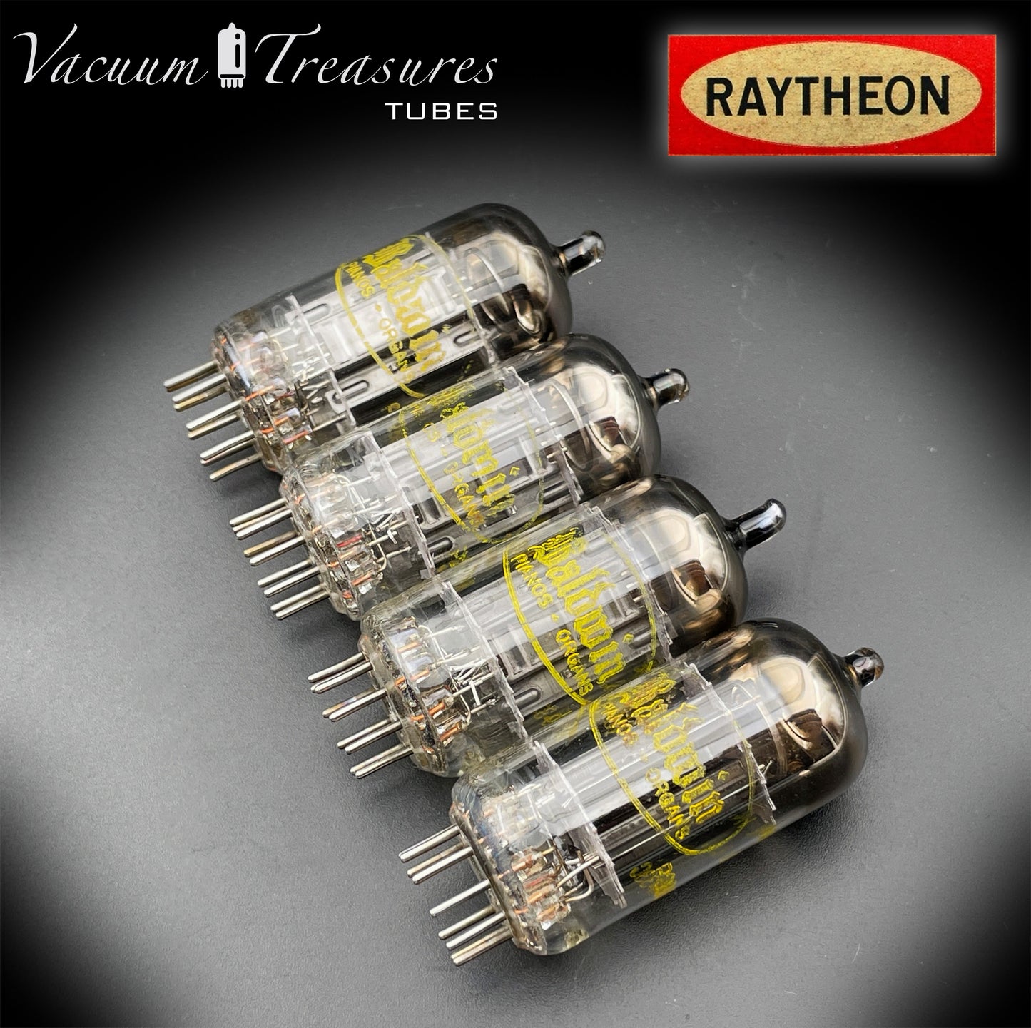 12AU7 ( ECC82 ) NOS RAYTHEON for Baldwin Long Black Plates Halo Getter Matched Tubes Made in USA '59