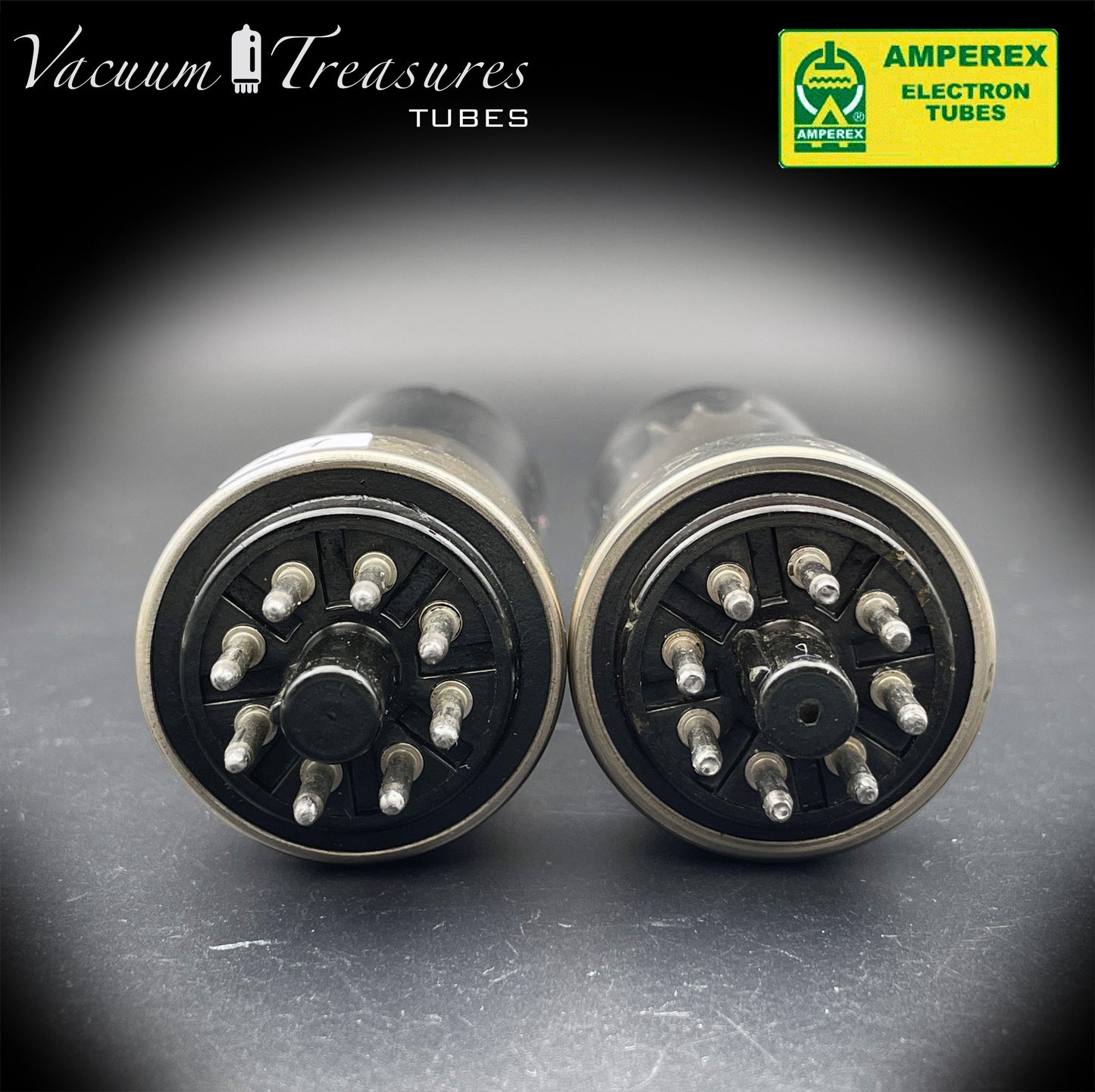 6CA7 EL34 AMPEREX by PHILIPS Eindhoven Metal Base ’55 One-Piece Disc Getter Matched Pair Amplitrex Tested Curves Included