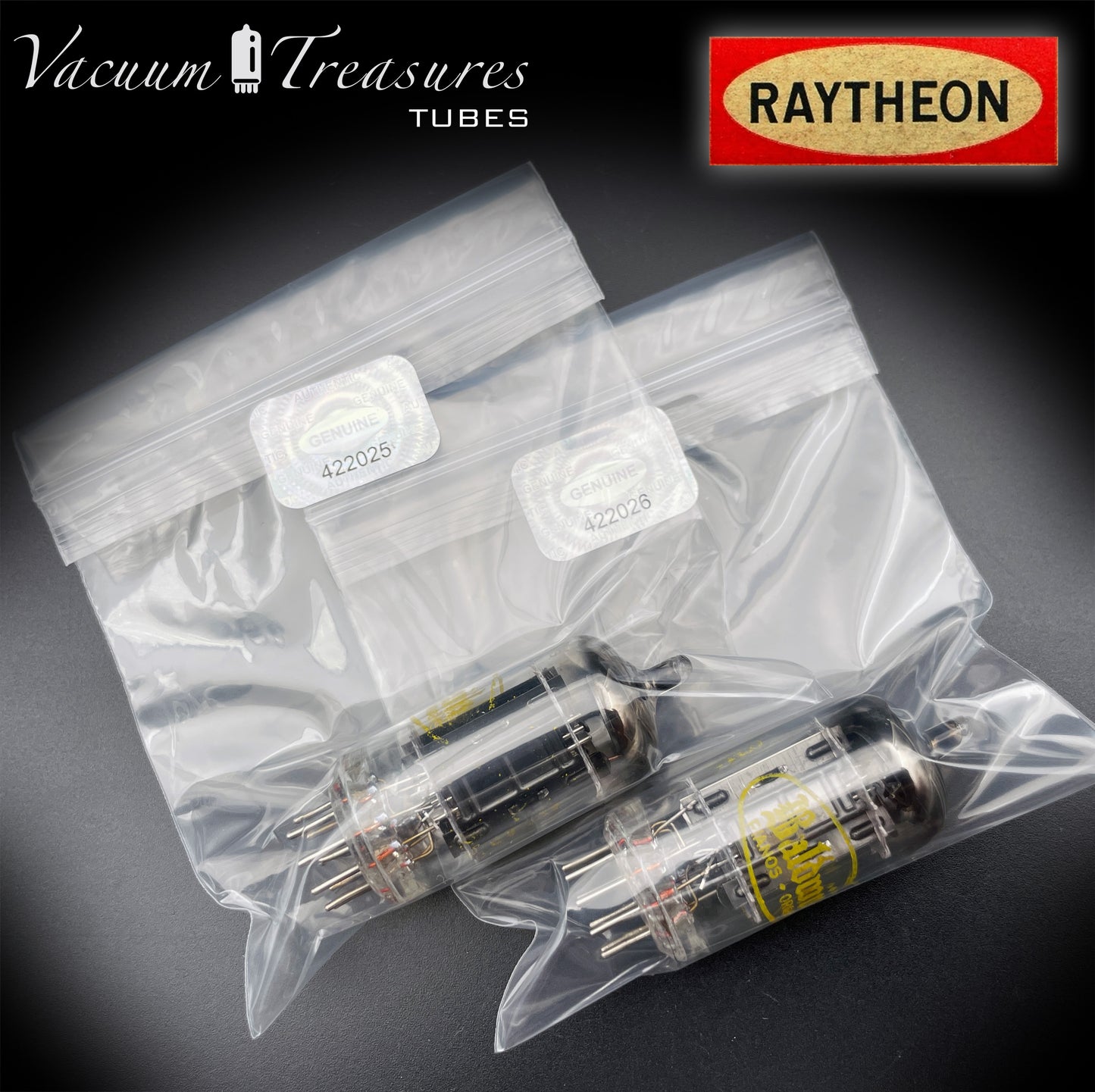 12AX7A ECC83 Baldwin RAYTHEON Matched Pair Tubes – Long Black Plates Halo Getter USA 1960s