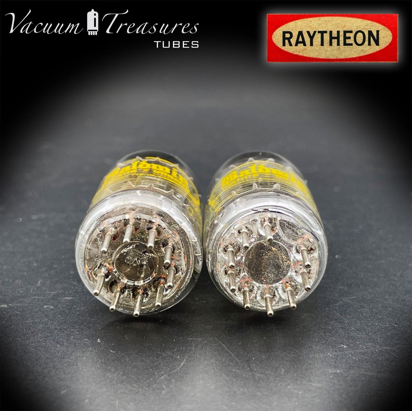 12AU7A / ECC82 NOS Baldwin by RAYTHEON Matched Pair Tubes Long Black Plates Halo Getter Made in USA '61