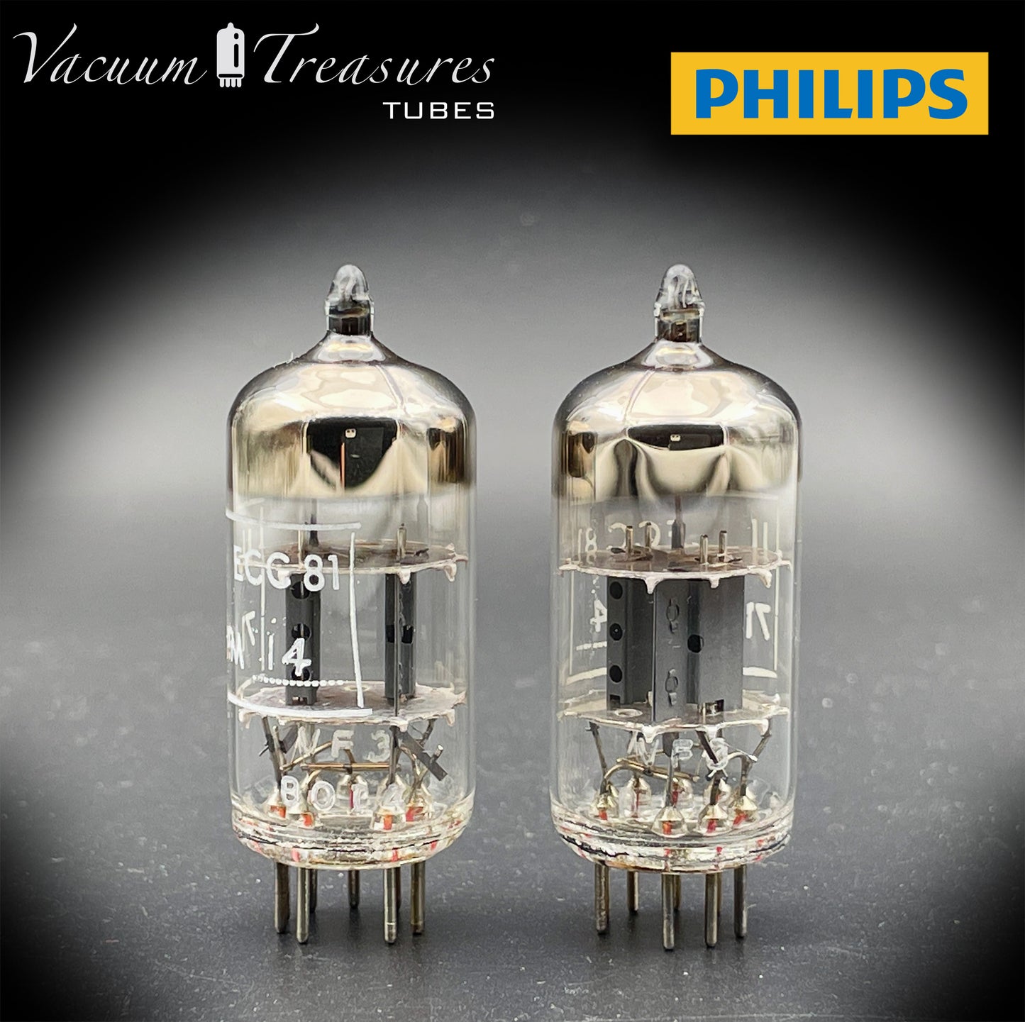 12AT7 ( ECC81 ) NOS NIB PHILIPS by Mullard, Blackburn Plant, Wing Gray Plates Halo Getter Matched Pair Tubes MADE IN GT. BRITAIN