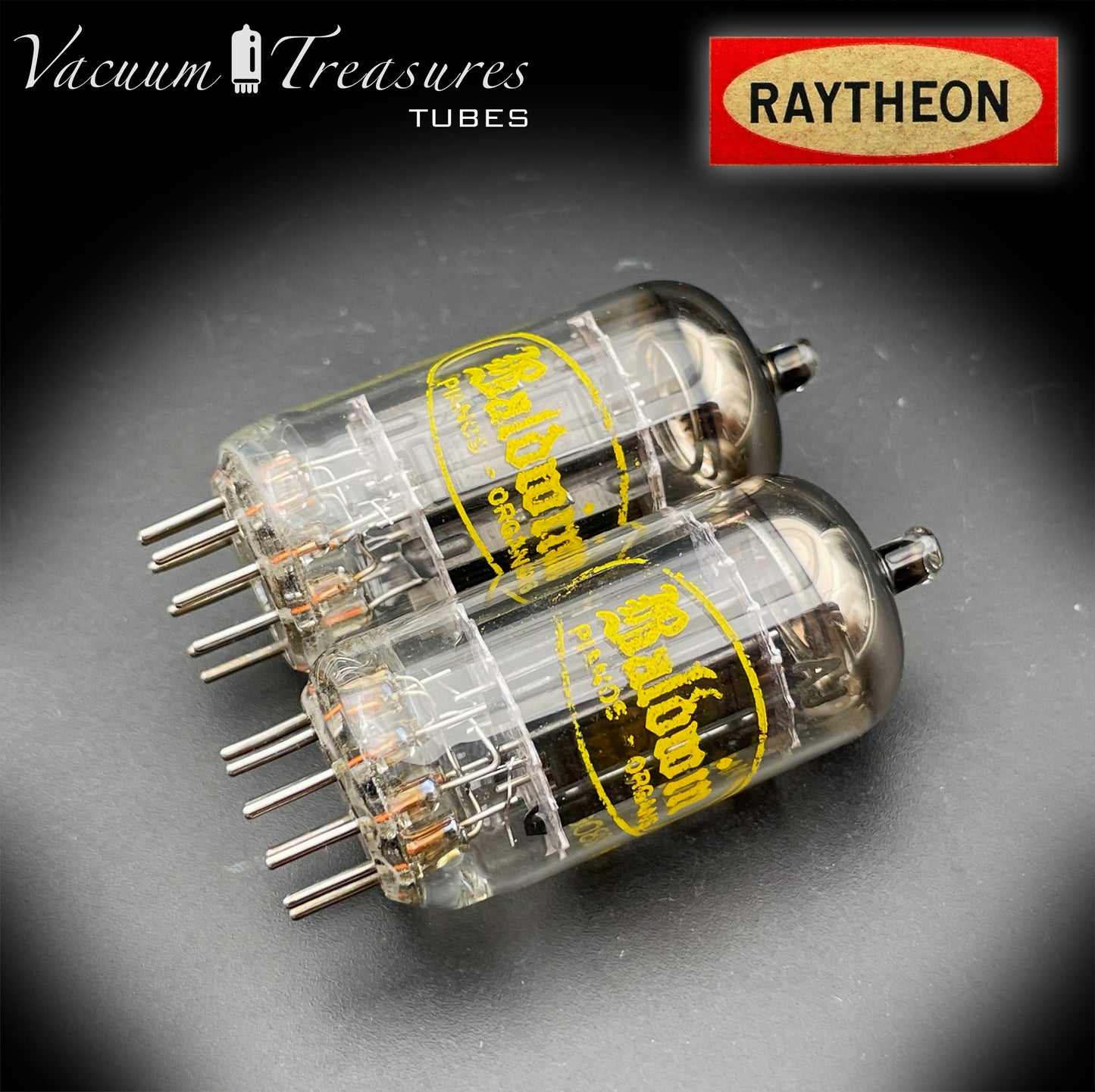 12AU7A / ECC82 NOS Baldwin by RAYTHEON Matched Pair Tubes Long Black Plates Halo Getter Made in USA '61
