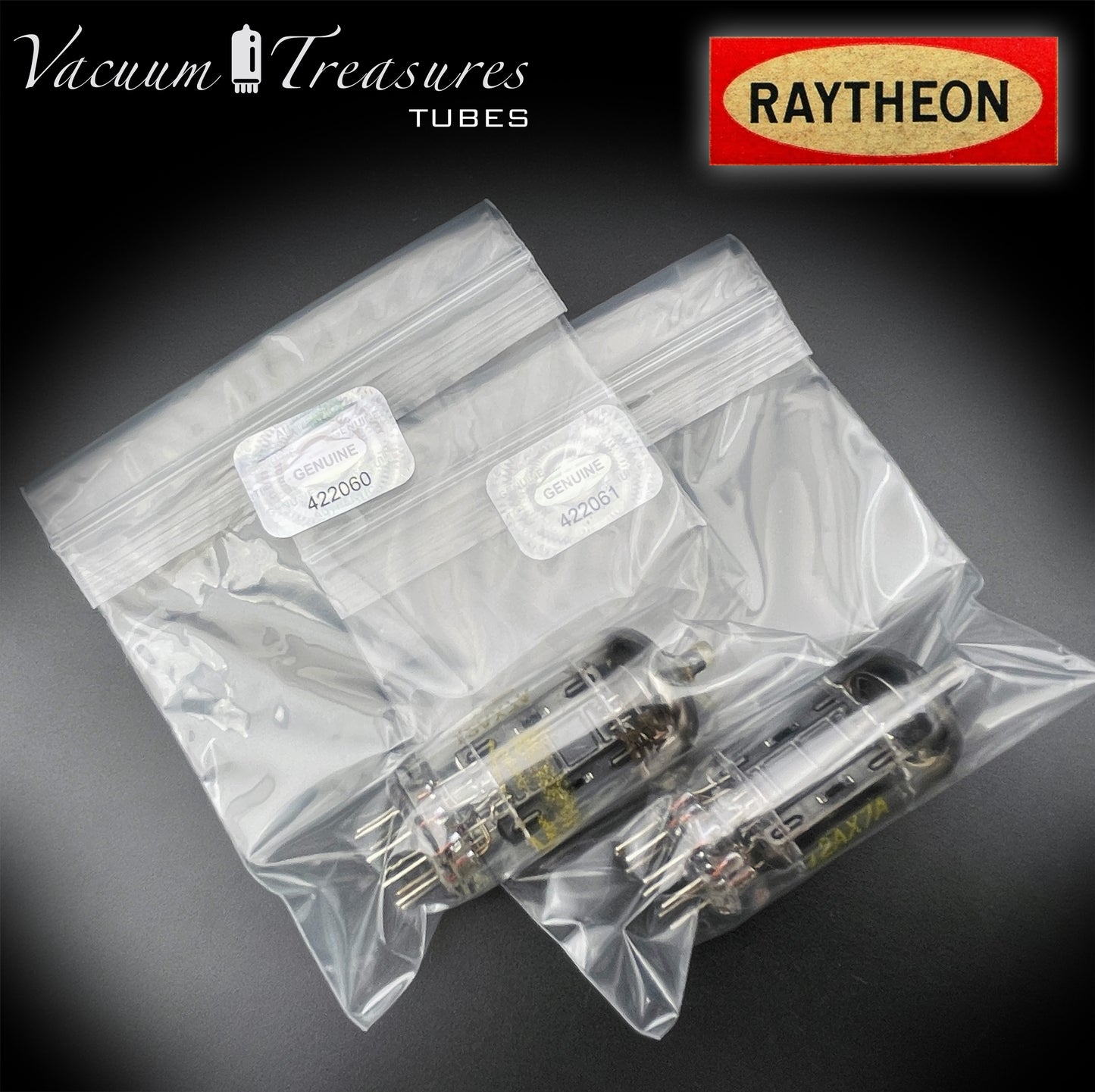 12AX7A ECC83 Baldwin Raytheon Matched Pair Tubes – Long Black Plates Halo Getter USA 1960s