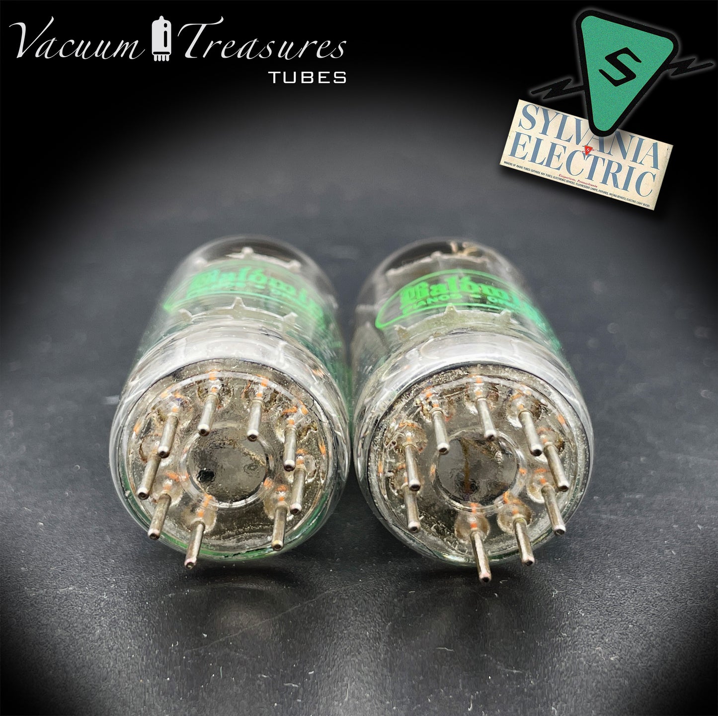 12AX7 ECC83 NOS Baldwin by SYLVANIA – Matched Pair – Long Gray Plates Halo Getter USA 1951