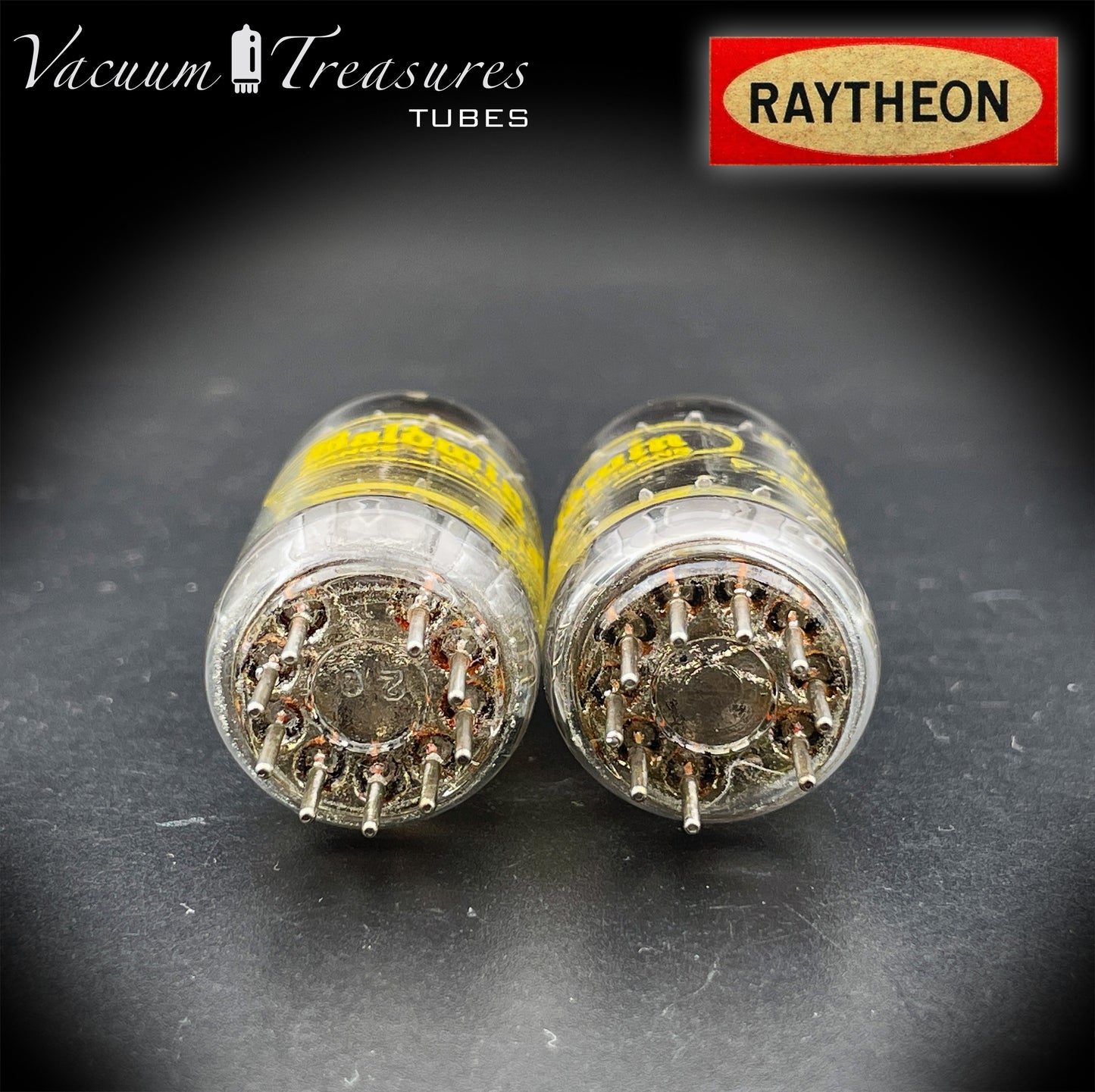 12AU7A / ECC82 NOS Baldwin by RAYTHEON Matched Pair Tubes Long Black Plates Halo Getter Made in USA '61