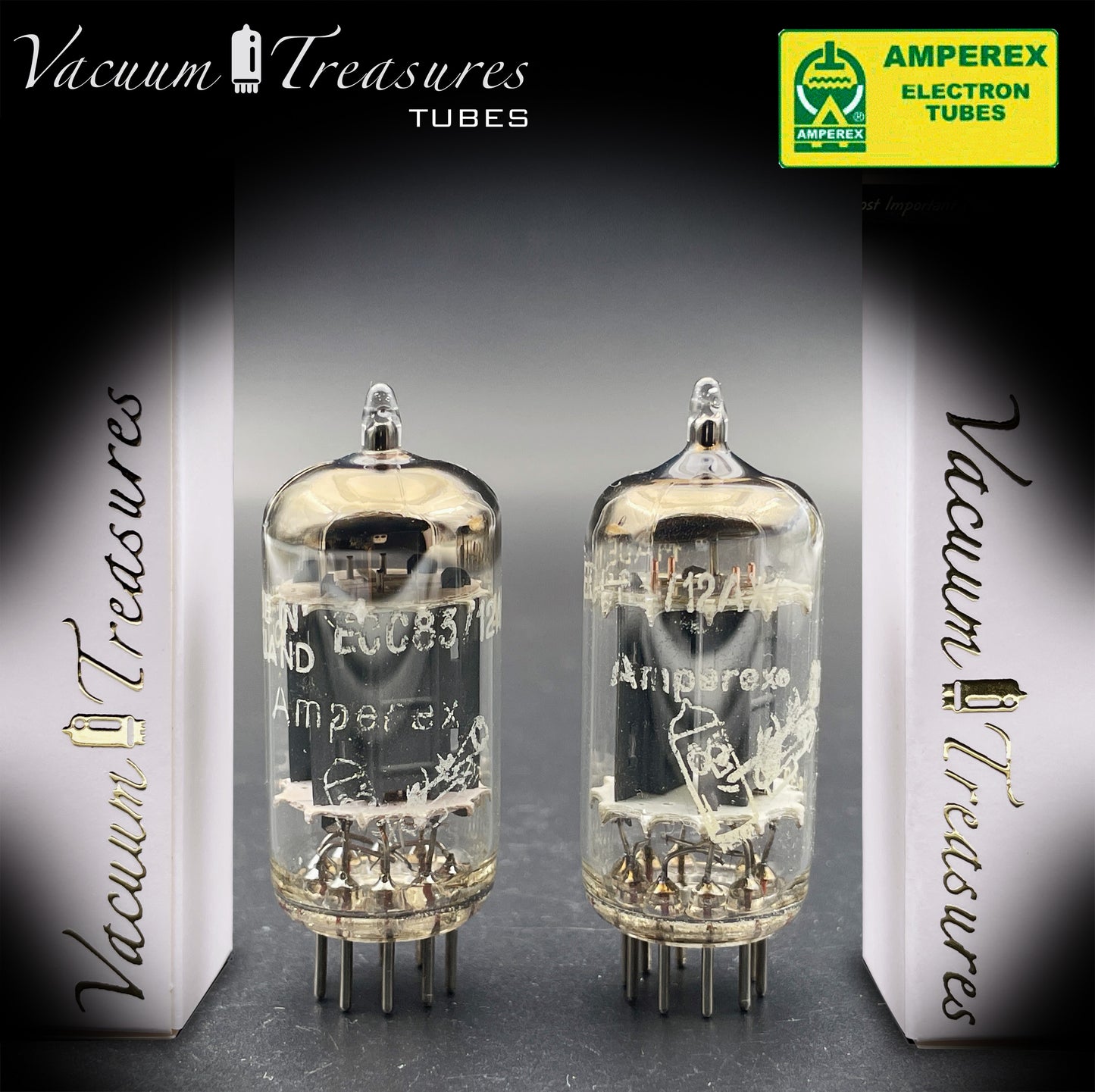 12AX7 / ECC83 NOS Amperex Bugle Boy Matched Pair AMPLITREX Tested Long Plates Foil Getter '58