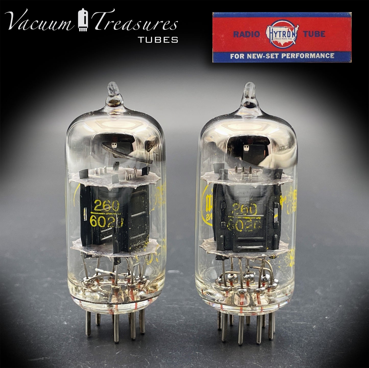 12AU7A ECC82 Baldwin / HYTRON Matched Pair Black Plates Halo Getter Tested Tubes USA
