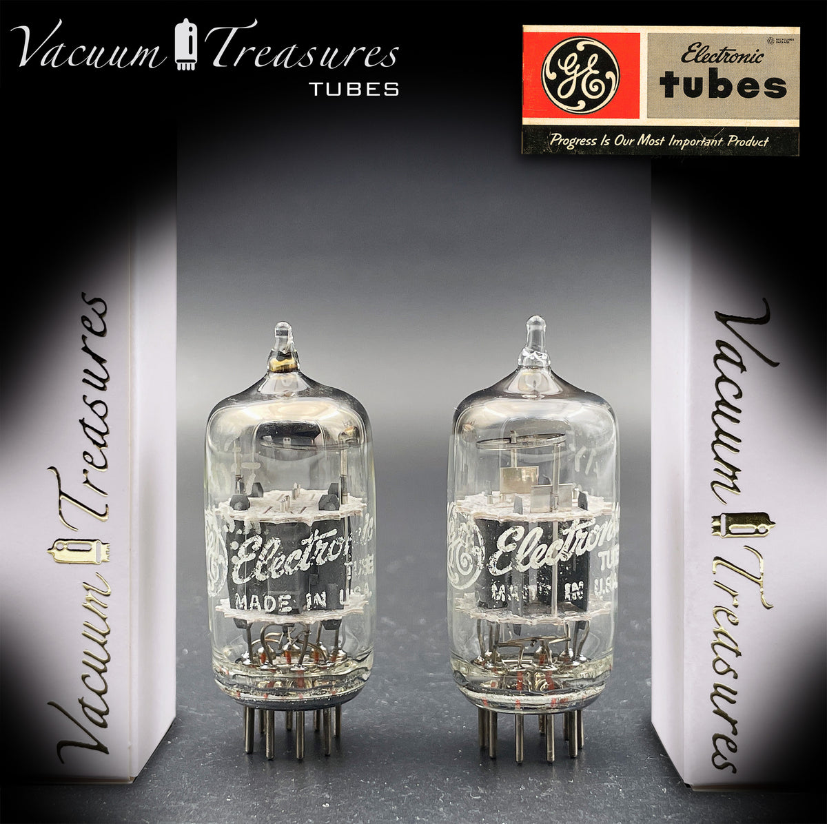 12AY7 GE Matched Pair Gray Ribbed Plates Halo Getter Tube Made In USA '60