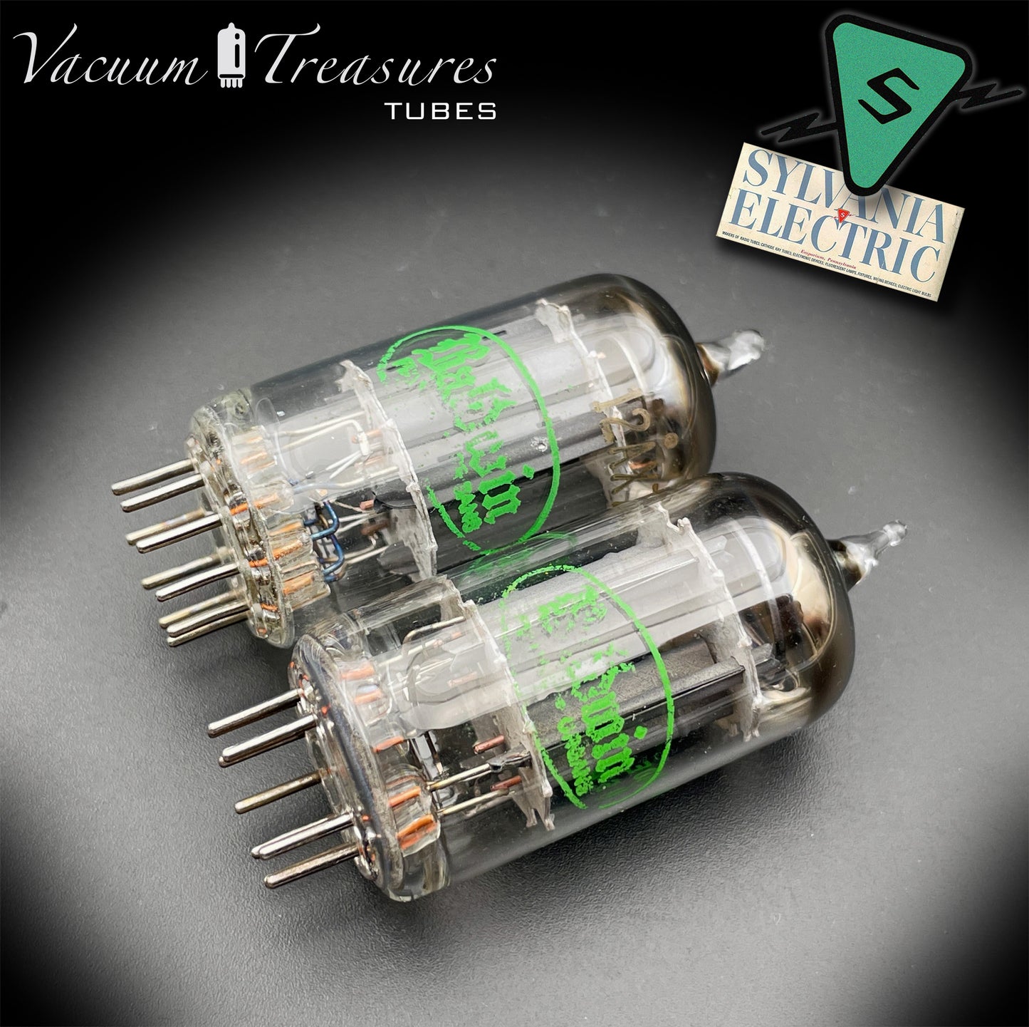 12AX7 ECC83 Baldwin by SYLVANIA – Tested Pair – Long Gray Plates Halo Getter Made in USA