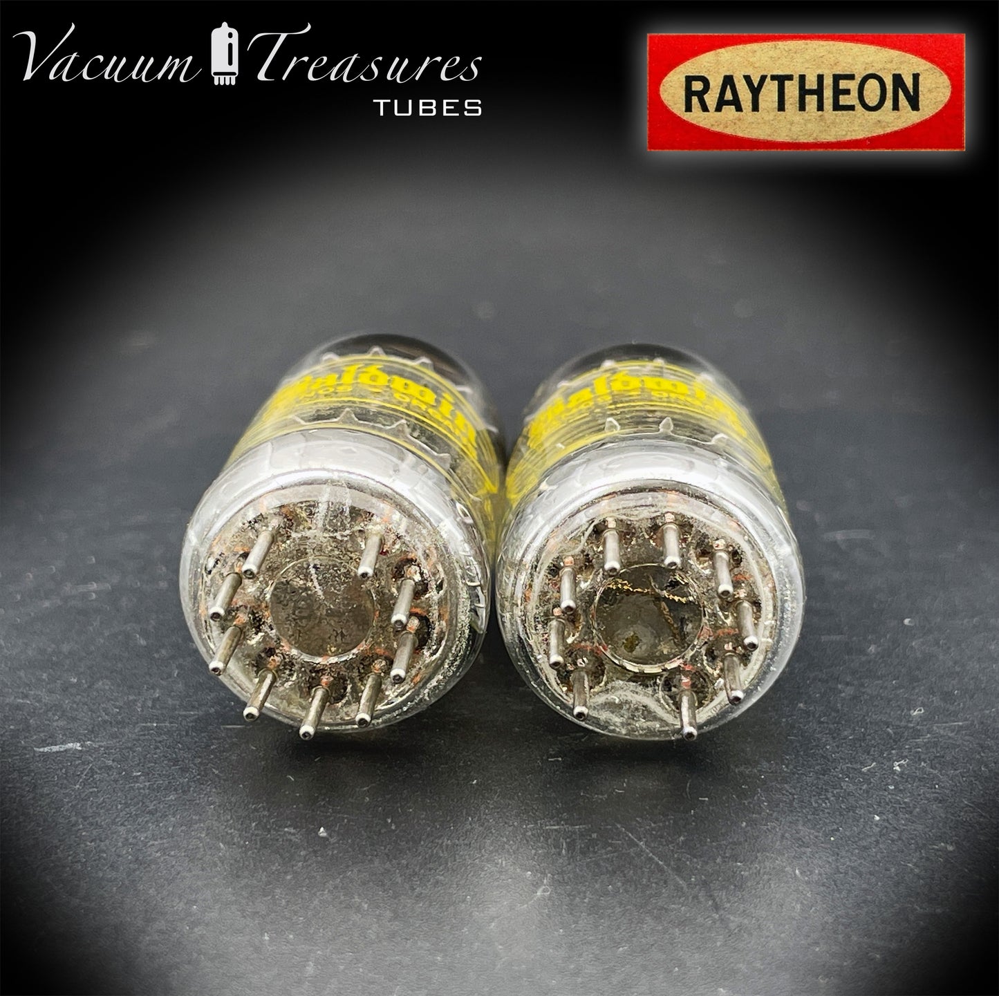 12AU7A / ECC82 NOS Baldwin by RAYTHEON Matched Pair Tubes Long Black Plates Halo Getter Made in USA '61