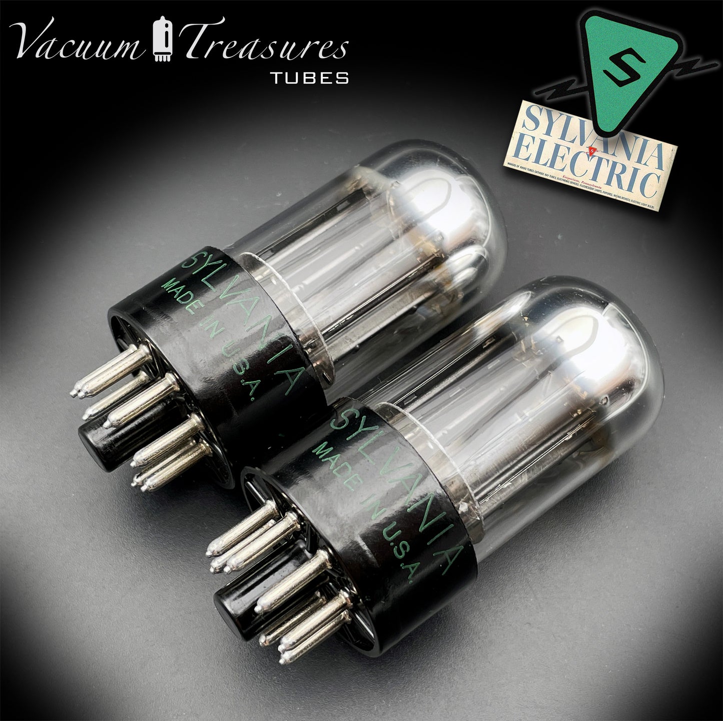 6SN7GTB NOS SYLVANIA CHROME TOP Green Dot Matched Pair Black Plates Tubes USA '50s