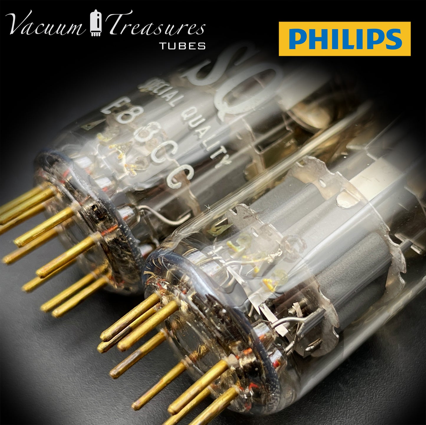 E88CC ( 6922 ) PHILIPS Special Quality Matched Pair Halo Getter Gold Pin Tubes Made in Holland '63