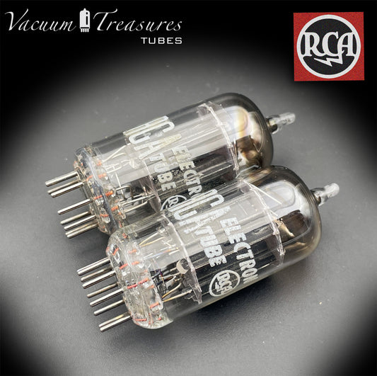 12AX7 / ECC83 RCA Matched Pair Long Black Plates Square Tilt getter Made in USA '58