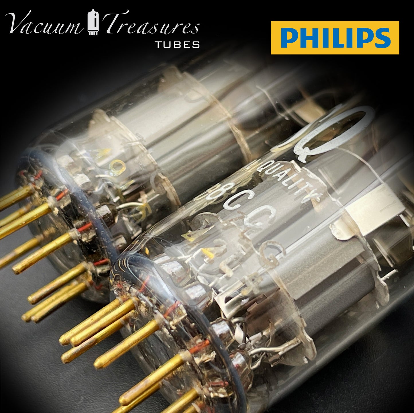E88CC ( 6922 ) PHILIPS Special Quality Matched Pair Halo Getter Gold Pin Tubes Made in Holland '60s