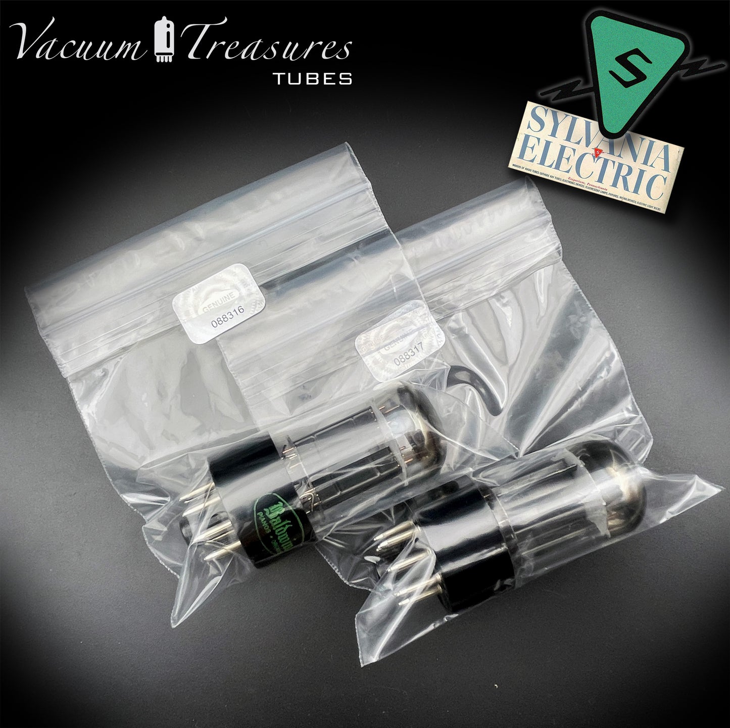6SN7GTB Baldwin by SYLVANIA Matched Pair Black Plates Tubes - Same Codes - Made in USA '61