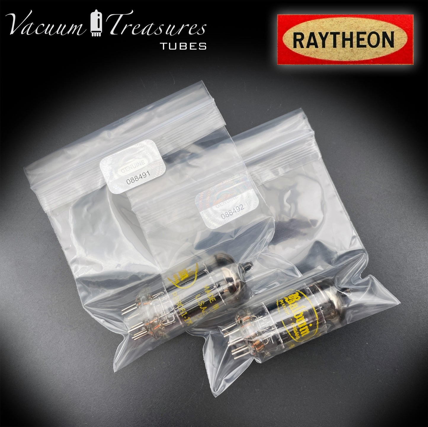 12AU7A / ECC82 NOS Baldwin by RAYTHEON Matched Pair Tubes Long Black Plates Halo Getter Made in USA '61