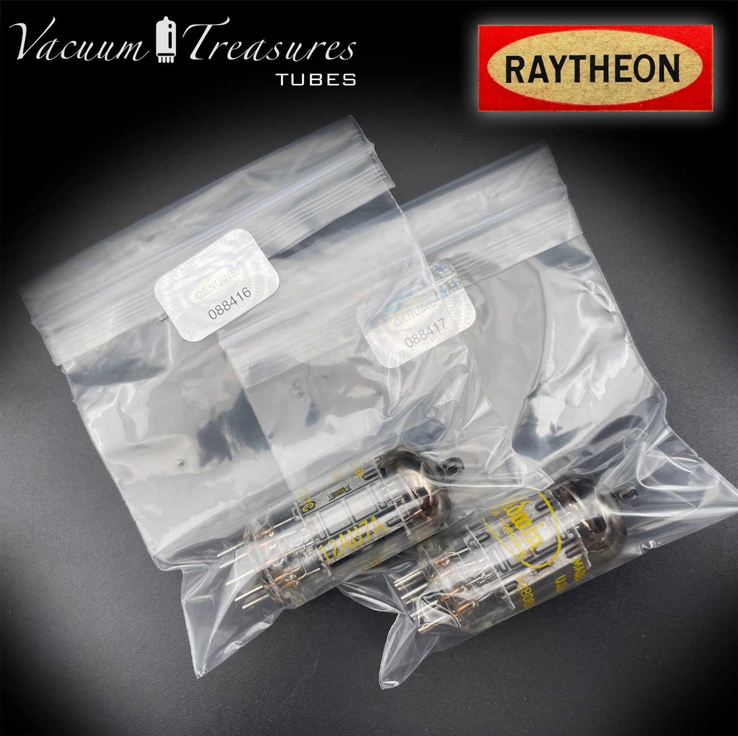 12AU7A / ECC82 NOS Baldwin by RAYTHEON Matched Pair Tubes Long Black Plates Halo Getter Made in USA '61