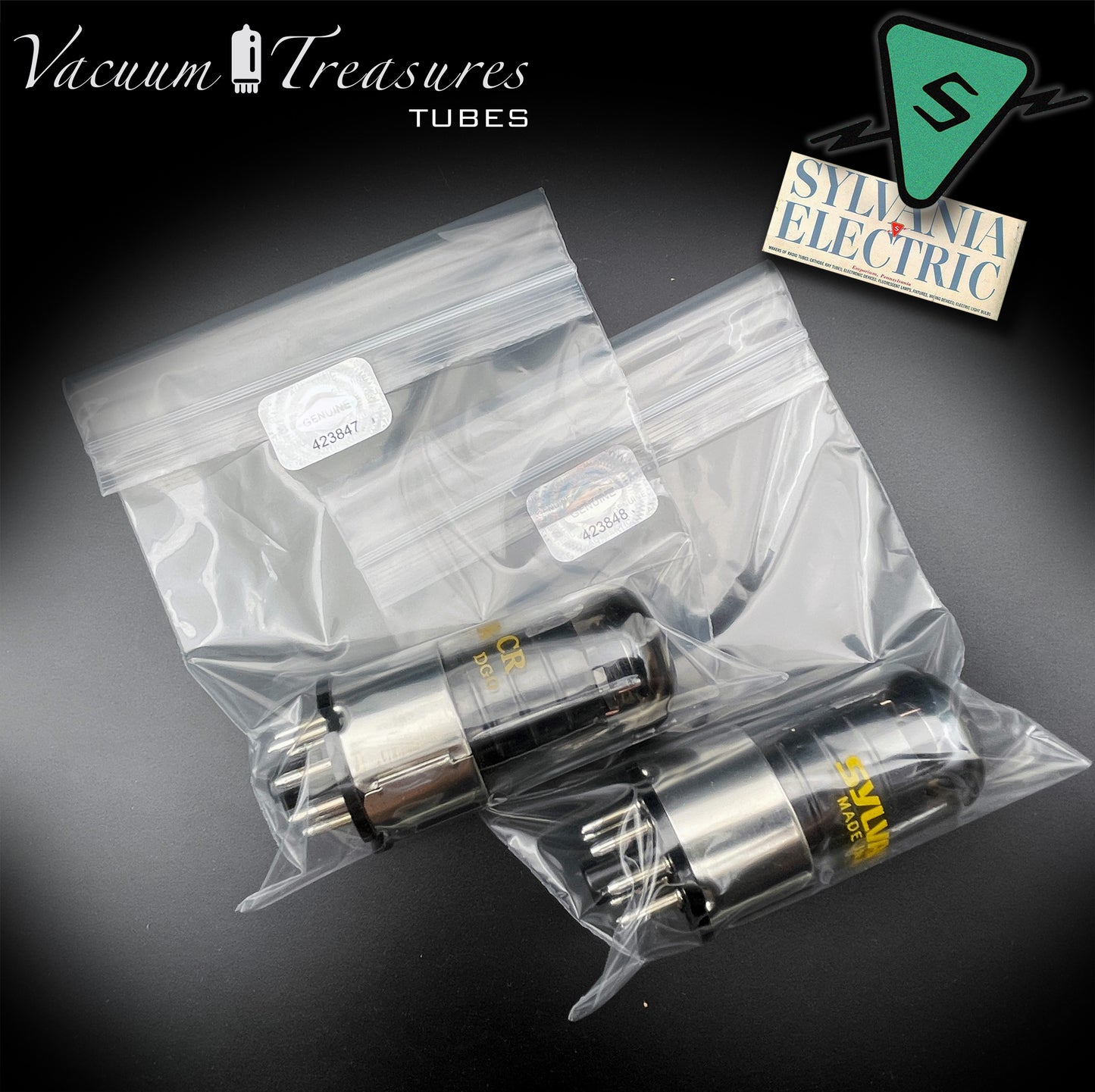 6SJ7GT SYLVANIA Matched Pair Metal Base Black Plates Halo Getter Made in USA '60s