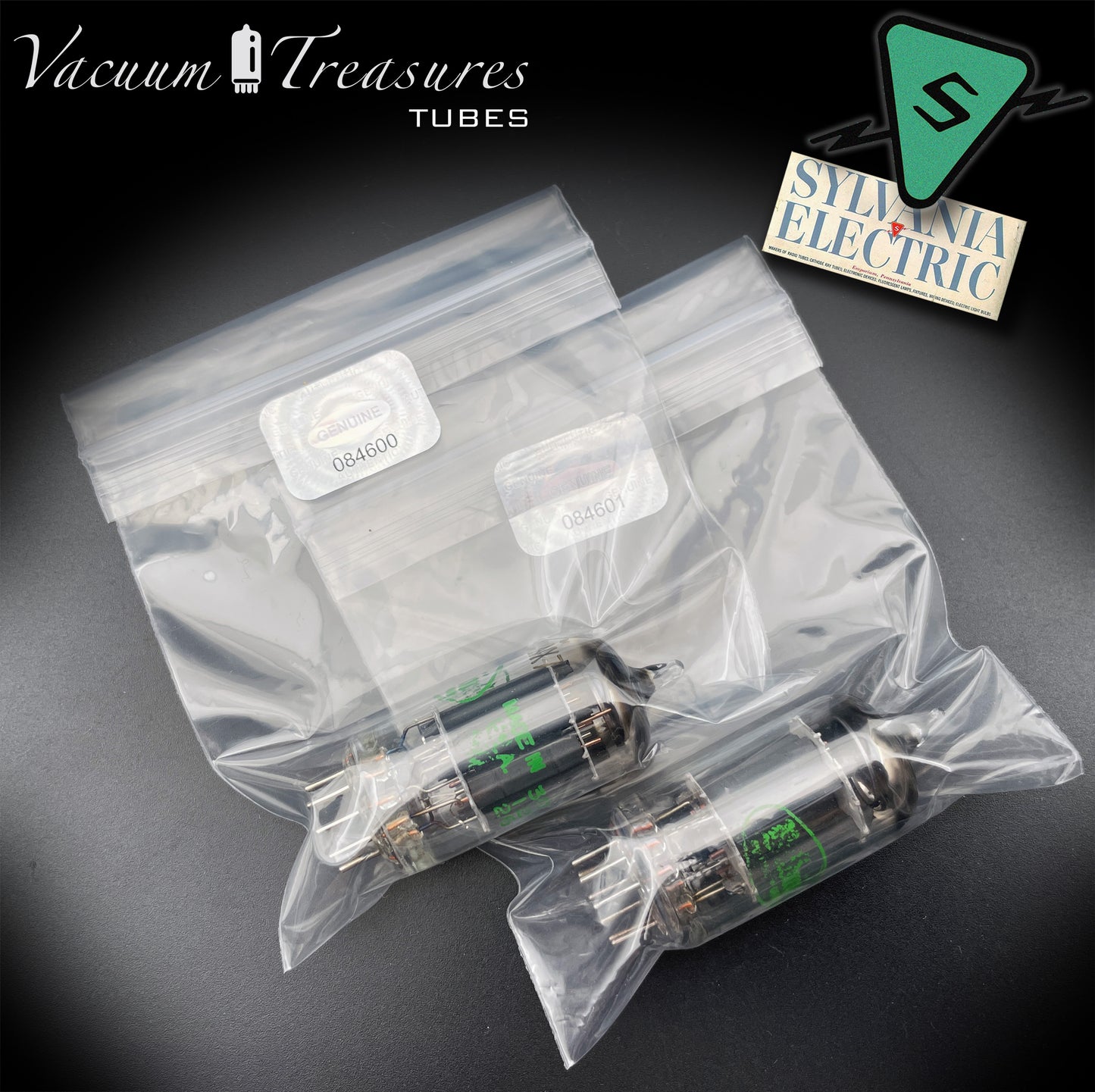 12AX7 ECC83 Baldwin by SYLVANIA – Tested Pair – Long Gray Plates Halo Getter Made in USA