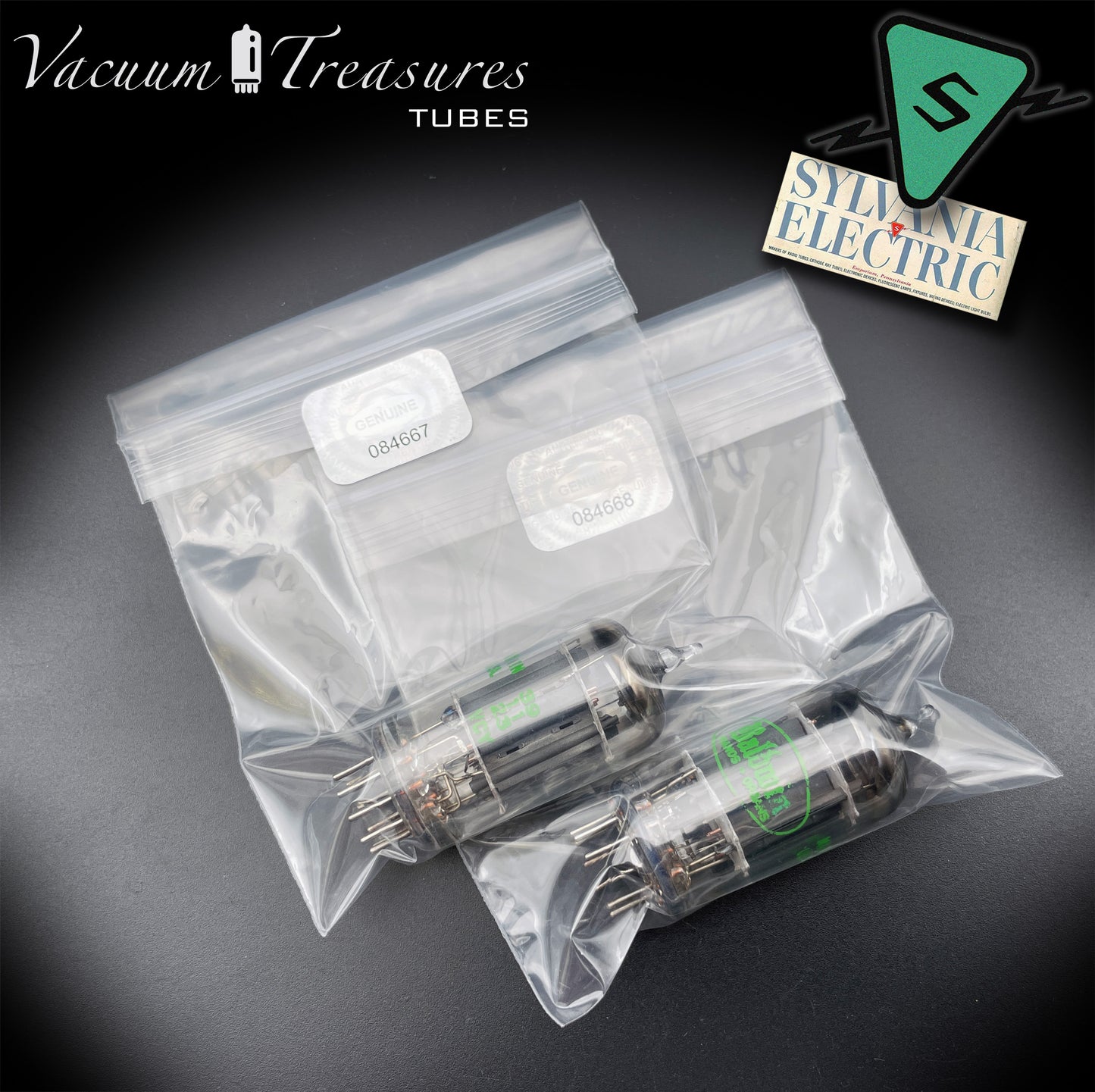 12AX7 ECC83 Baldwin by SYLVANIA – Matched Pair – Long Gray Plates Halo Getter USA 1959