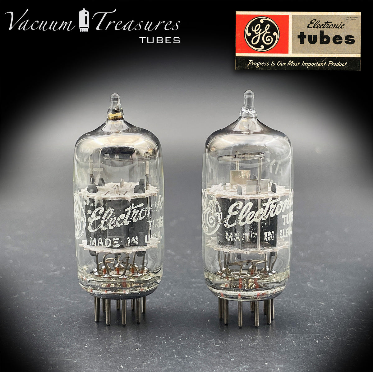 12AY7 GE Matched Pair Gray Ribbed Plates Halo Getter Tube Made In USA '60