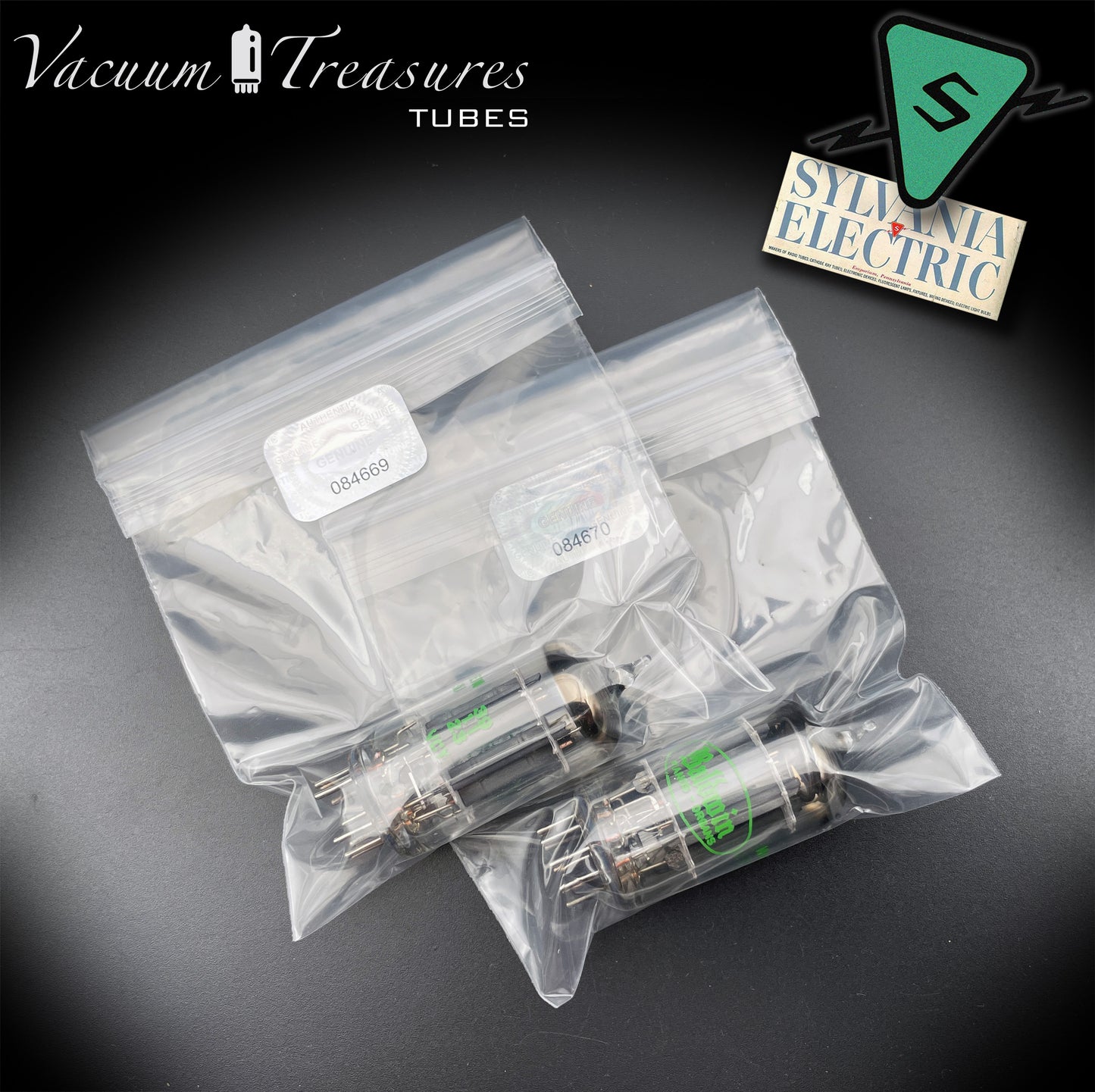 12AX7 ECC83 Baldwin by SYLVANIA – Matched Pair – Long Gray Plates Halo Getter USA 1959