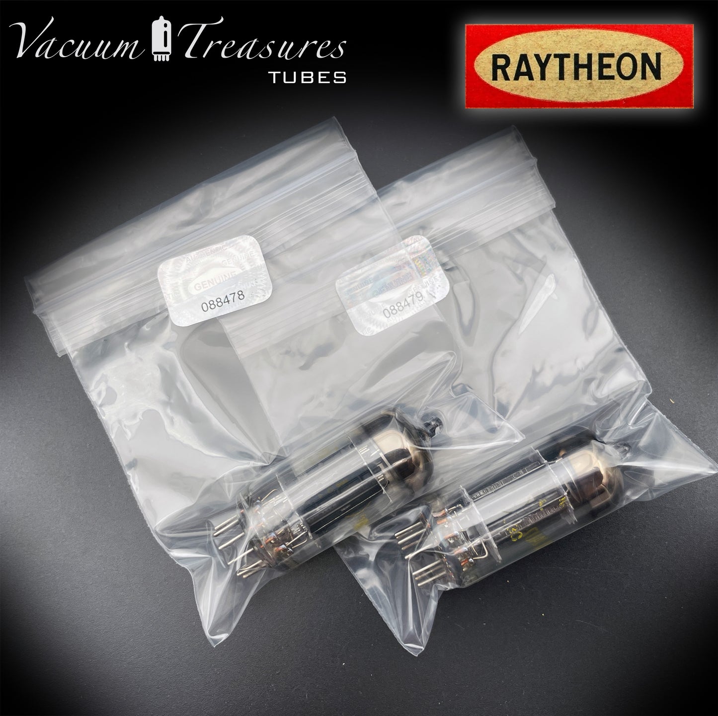 12AU7A / ECC82 Baldwin by RAYTHEON Matched Pair Tubes Long Black Plates Halo Getter Made in USA '60s