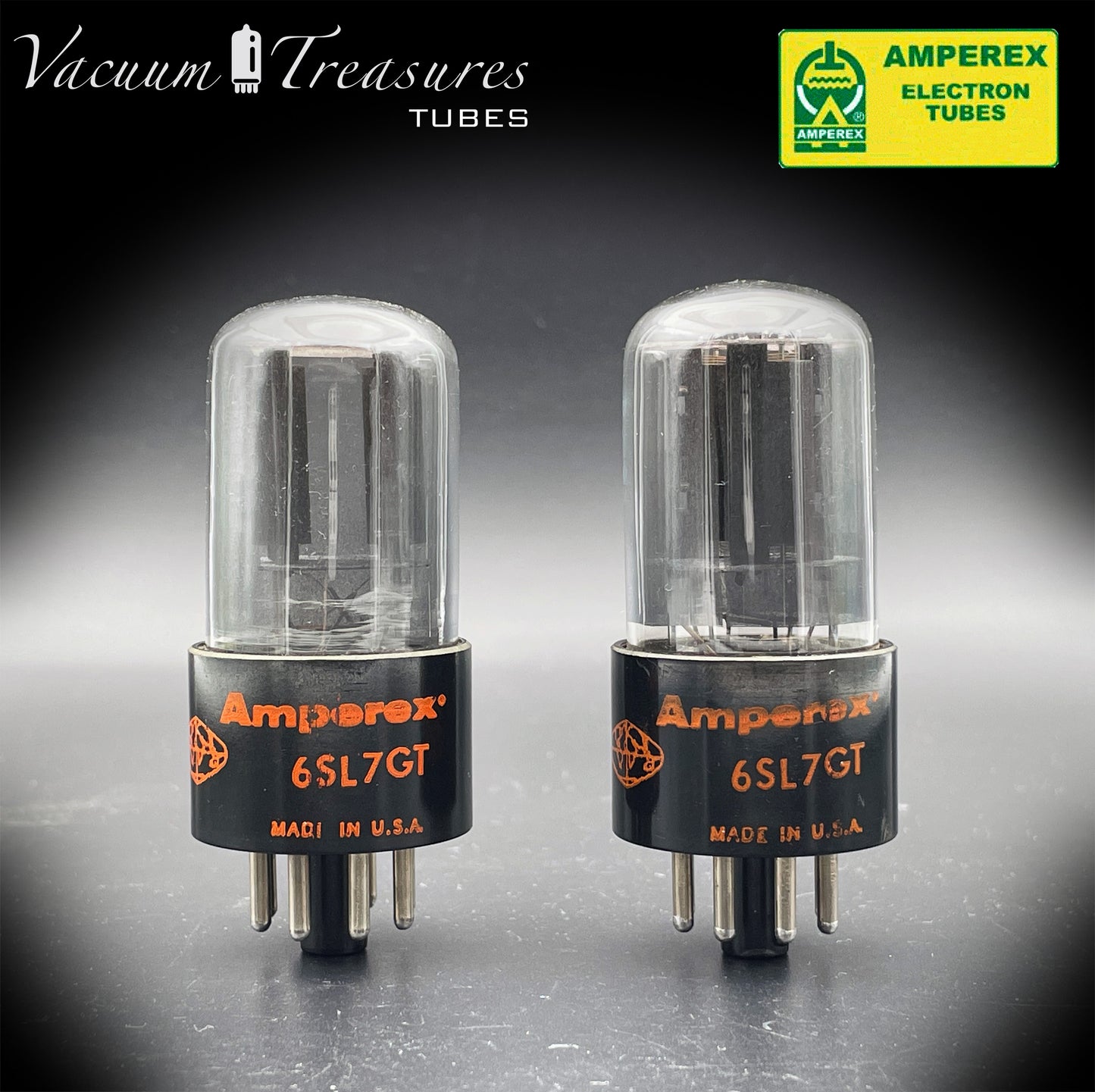 6SL7GT AMPEREX GLOBE AMPLITREX Tested Pair Black Plates Square Getter Tubes USA 60s