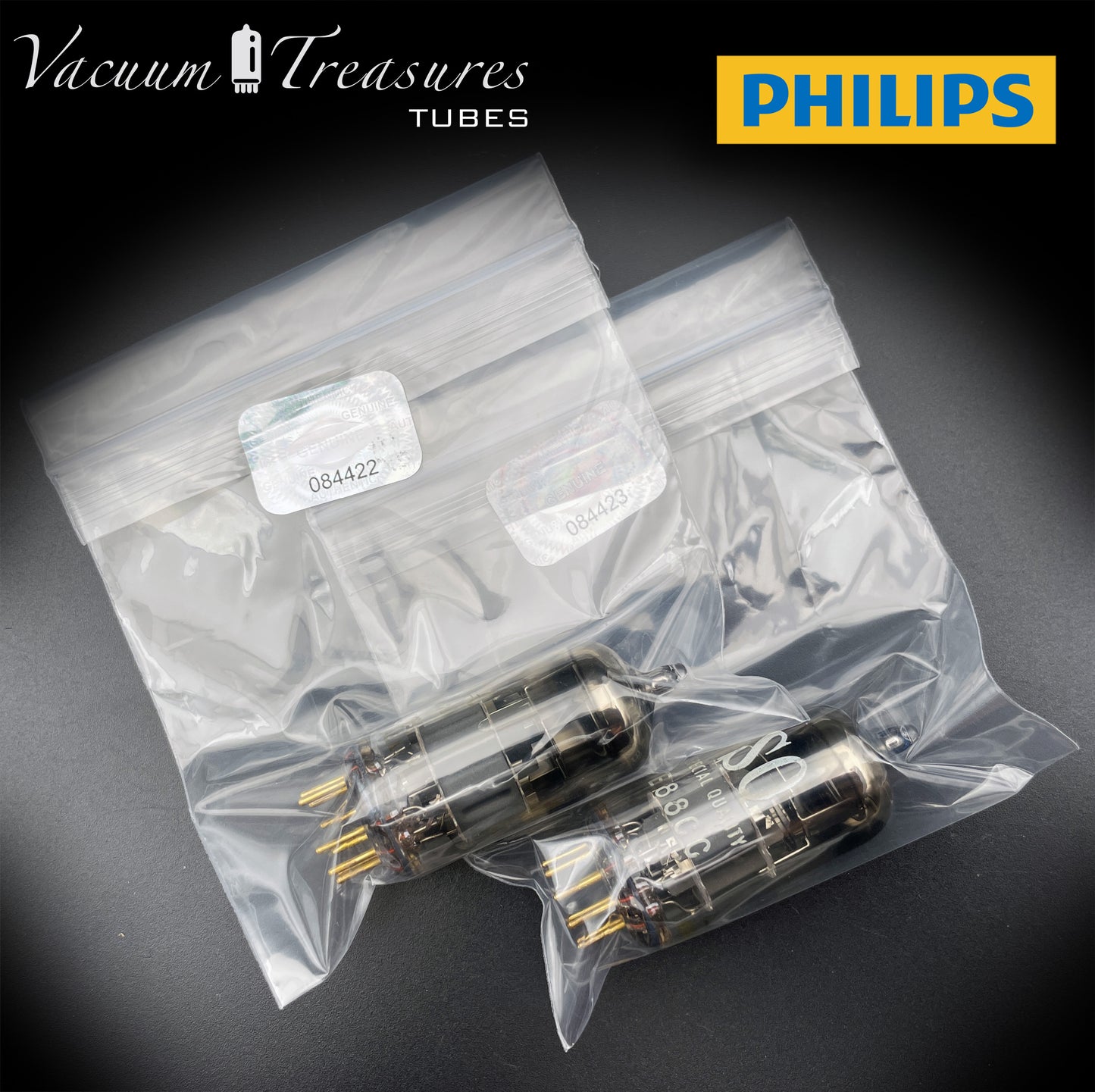 E88CC ( 6922 ) PHILIPS Special Quality Matched Pair Halo Getter Gold Pin Tubes Made in Holland '63