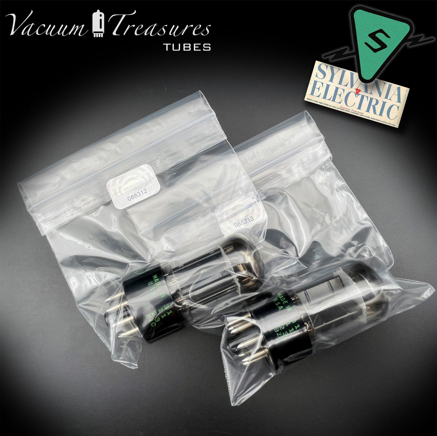 6SN7GTB Baldwin by SYLVANIA Matched Pair Black Plates Tubes - Same Codes - Made in USA '61